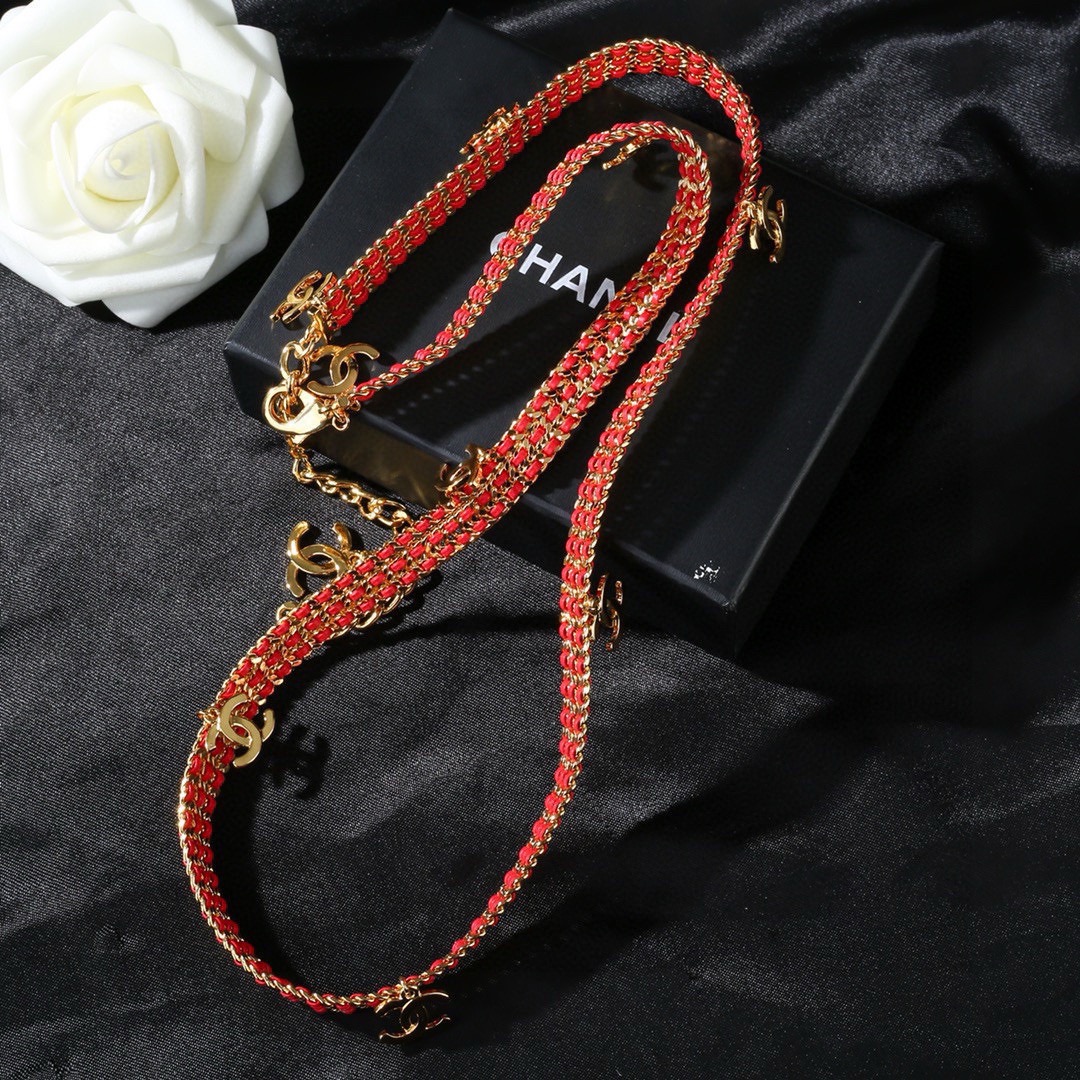 Chanel CC Logo New Arrival Chain Belt necklace Gold-tone metal with red woven cord 80cm with 10cm extension