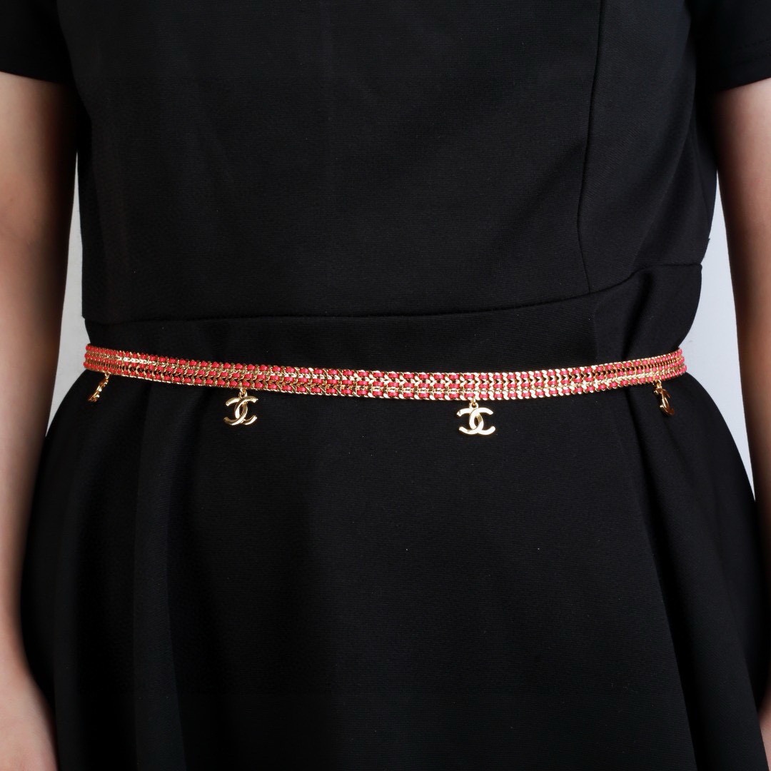 Chanel CC Logo New Arrival Chain Belt necklace Gold-tone metal with red woven cord 80cm with 10cm extension