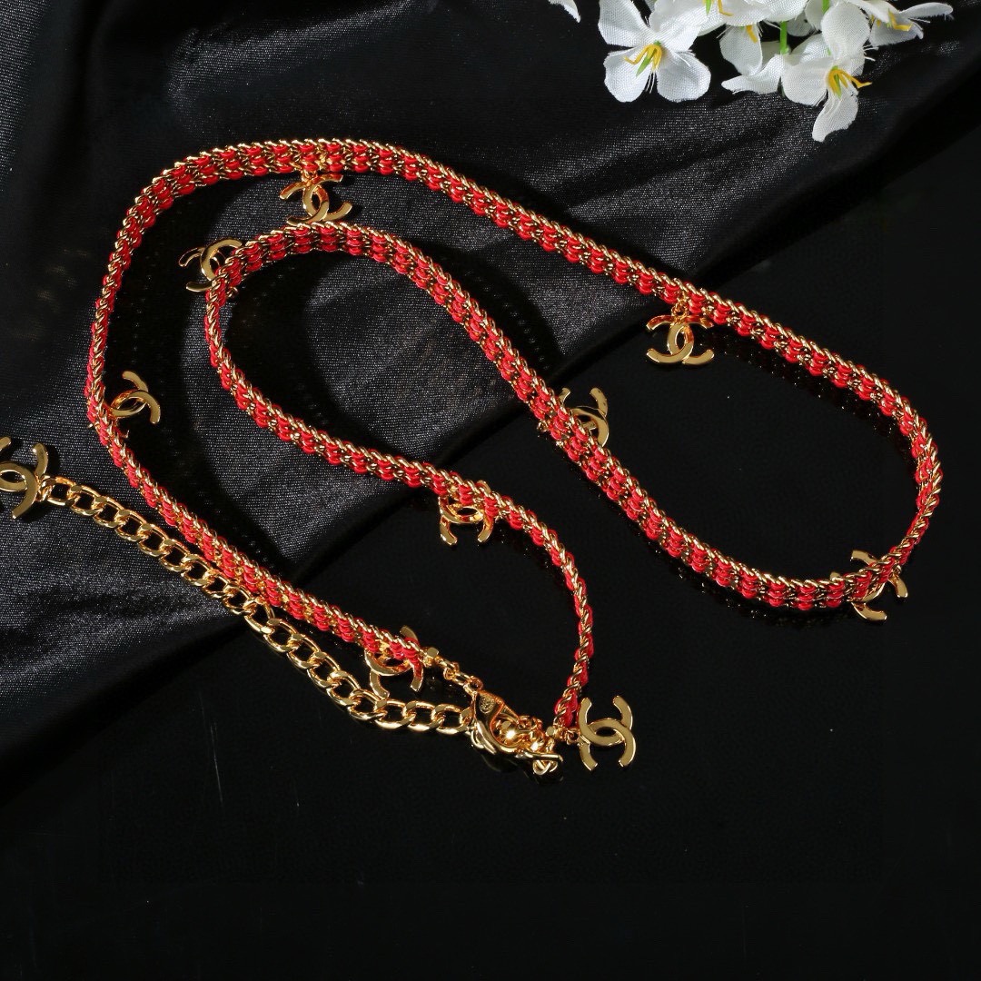 Chanel CC Logo New Arrival Chain Belt necklace Gold-tone metal with red woven cord 80cm with 10cm extension