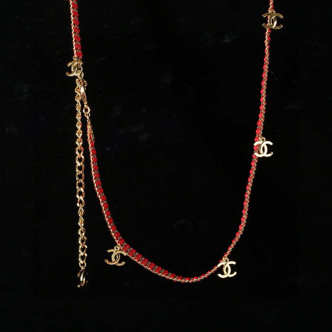 Chanel CC Logo New Arrival Chain Belt necklace Gold-tone metal with red woven cord 80cm with 10cm extension