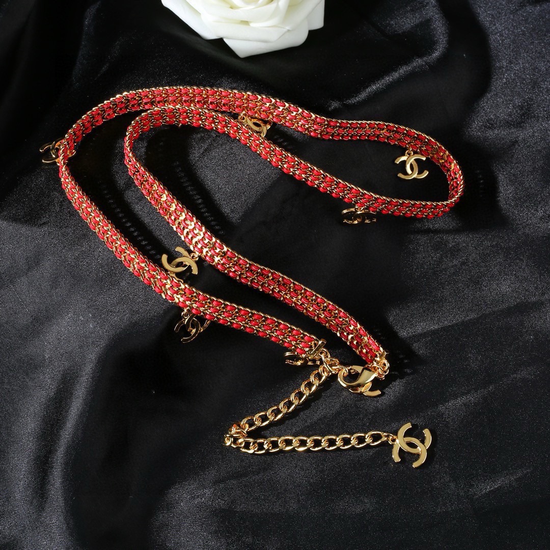 Chanel CC Logo New Arrival Chain Belt necklace Gold-tone metal with red woven cord 80cm with 10cm extension