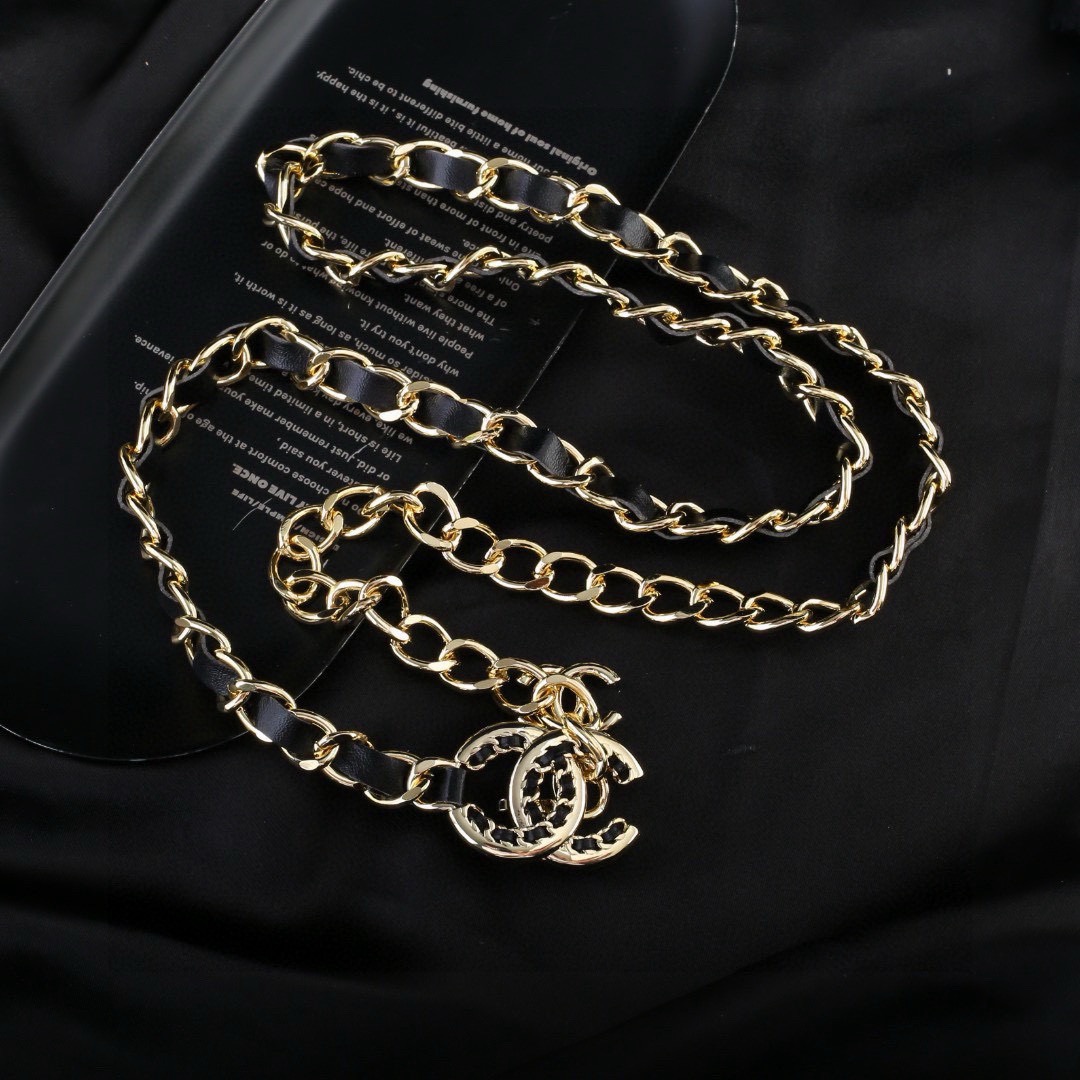 Chanel CC Logo Leather Woven Chain necklace gold tone metal black leather 100cm