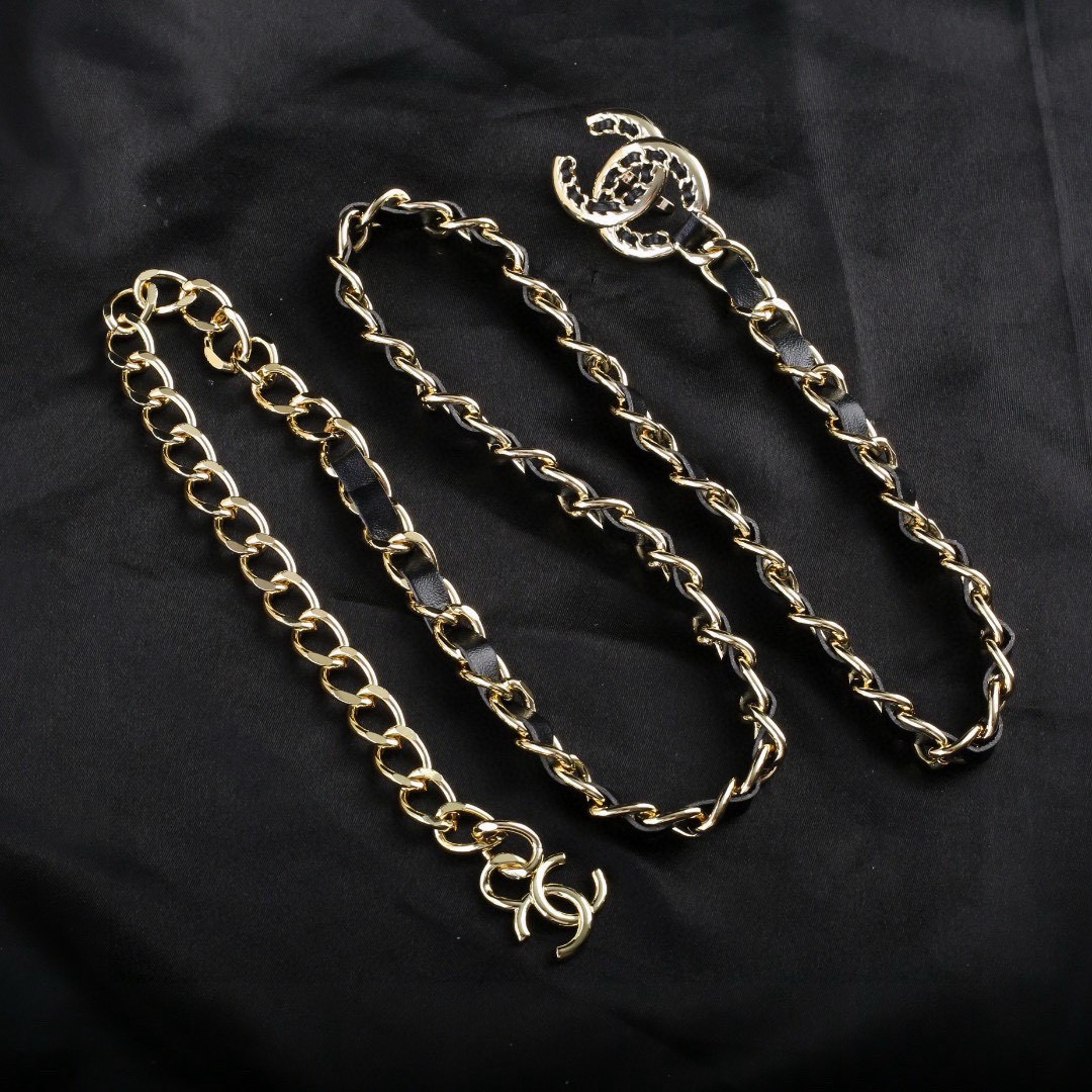 Chanel CC Logo Leather Woven Chain necklace gold tone metal black leather 100cm
