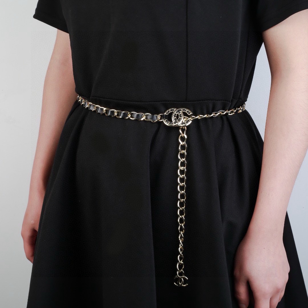 Chanel CC Logo Leather Woven Chain necklace gold tone metal black leather 100cm