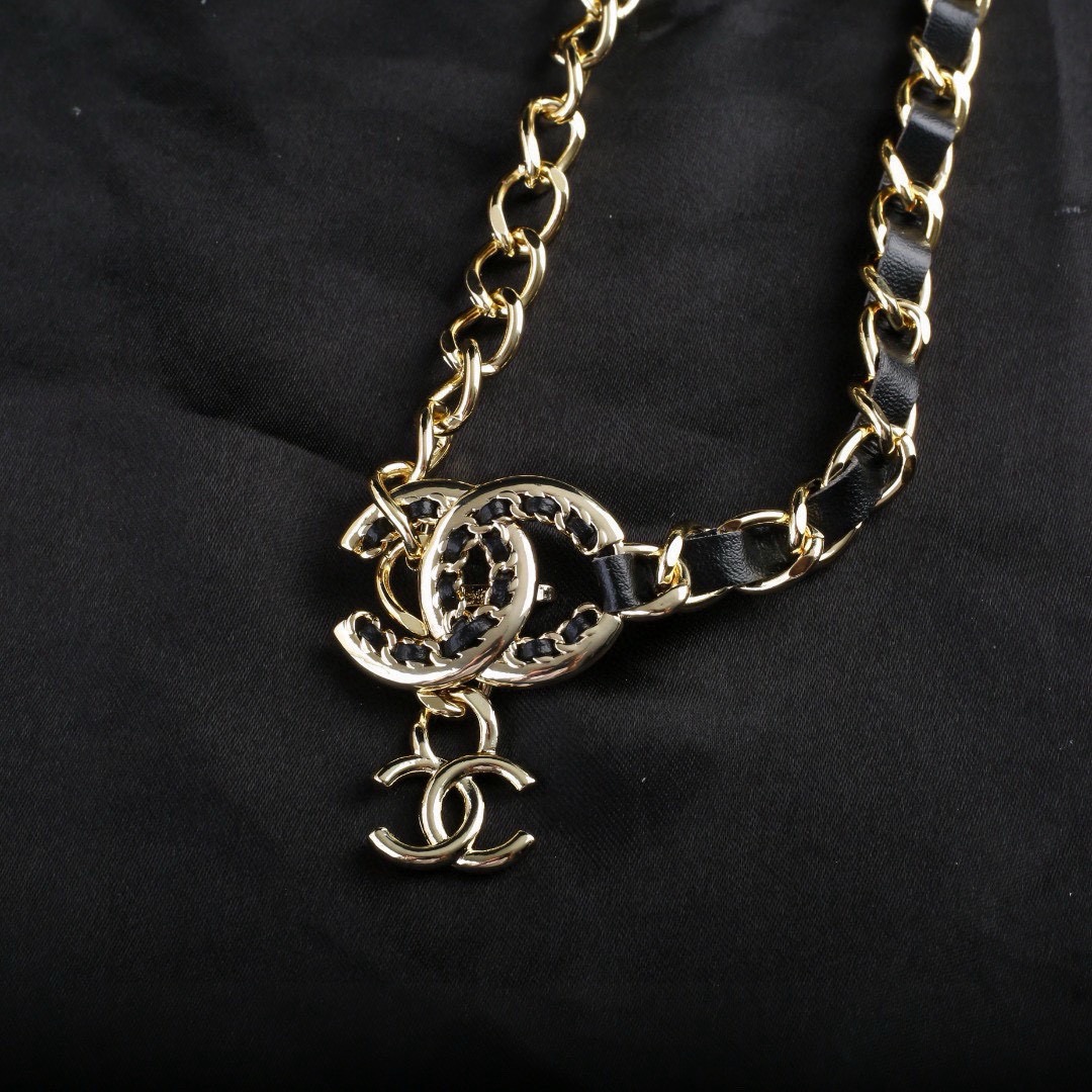 Chanel CC Logo Leather Woven Chain necklace gold tone metal black leather 100cm