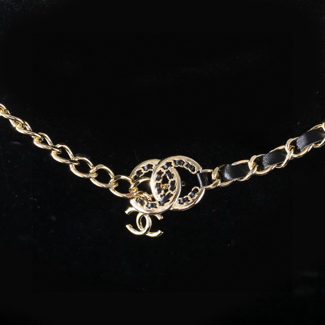 Chanel CC Logo Leather Woven Chain necklace gold tone metal black leather 100cm