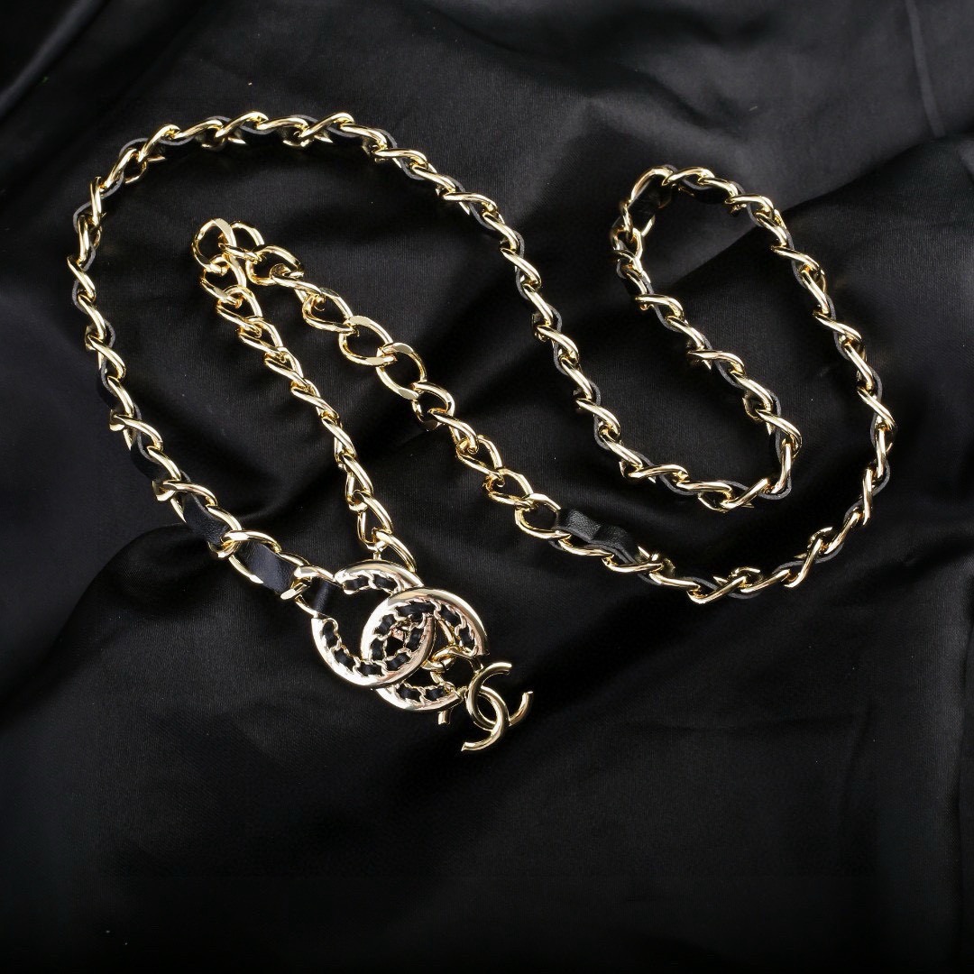 Chanel CC Logo Leather Woven Chain necklace gold tone metal black leather 100cm