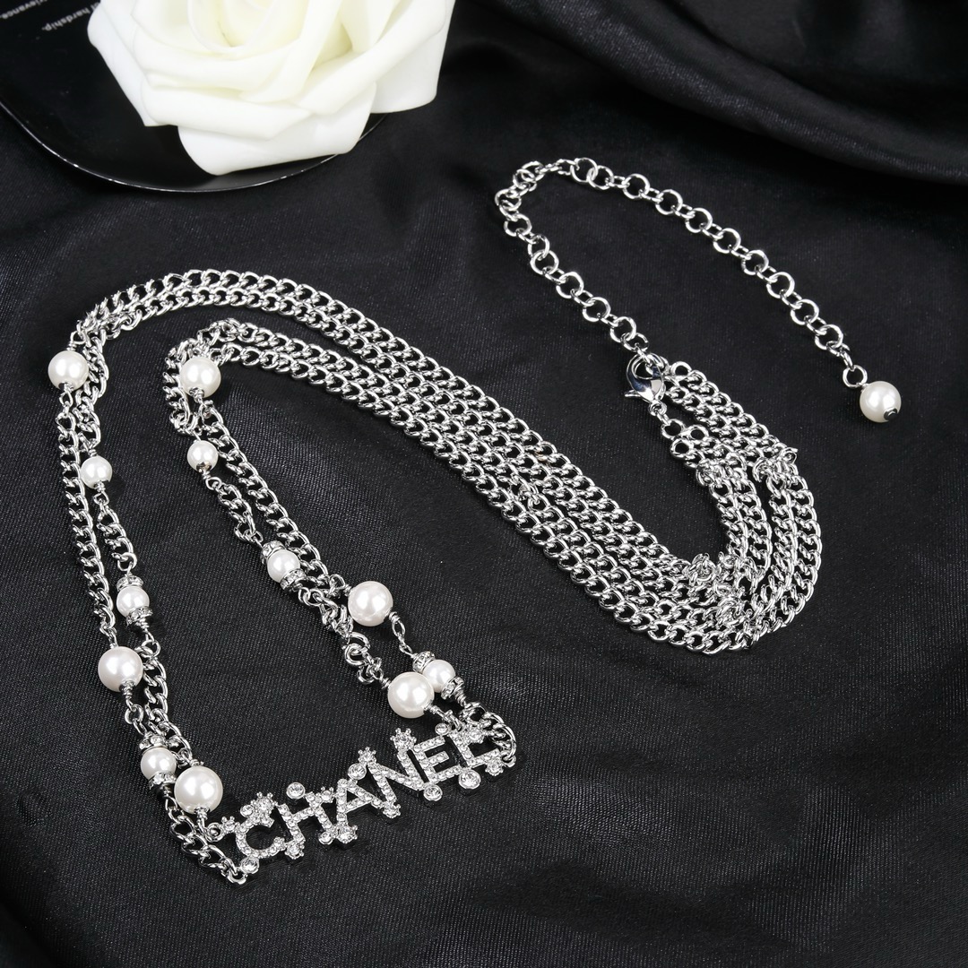 Chanel Crystal Letter Logo Pearl Chain necklace Silver-toned metal white faux pearls clear crystal rhinestones 80cm with 10cm extender