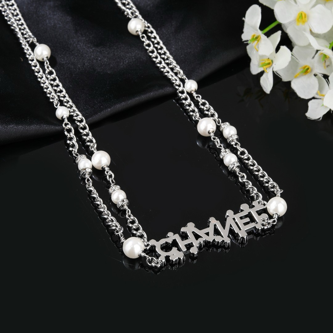 Chanel Crystal Letter Logo Pearl Chain necklace Silver-toned metal white faux pearls clear crystal rhinestones 80cm with 10cm extender