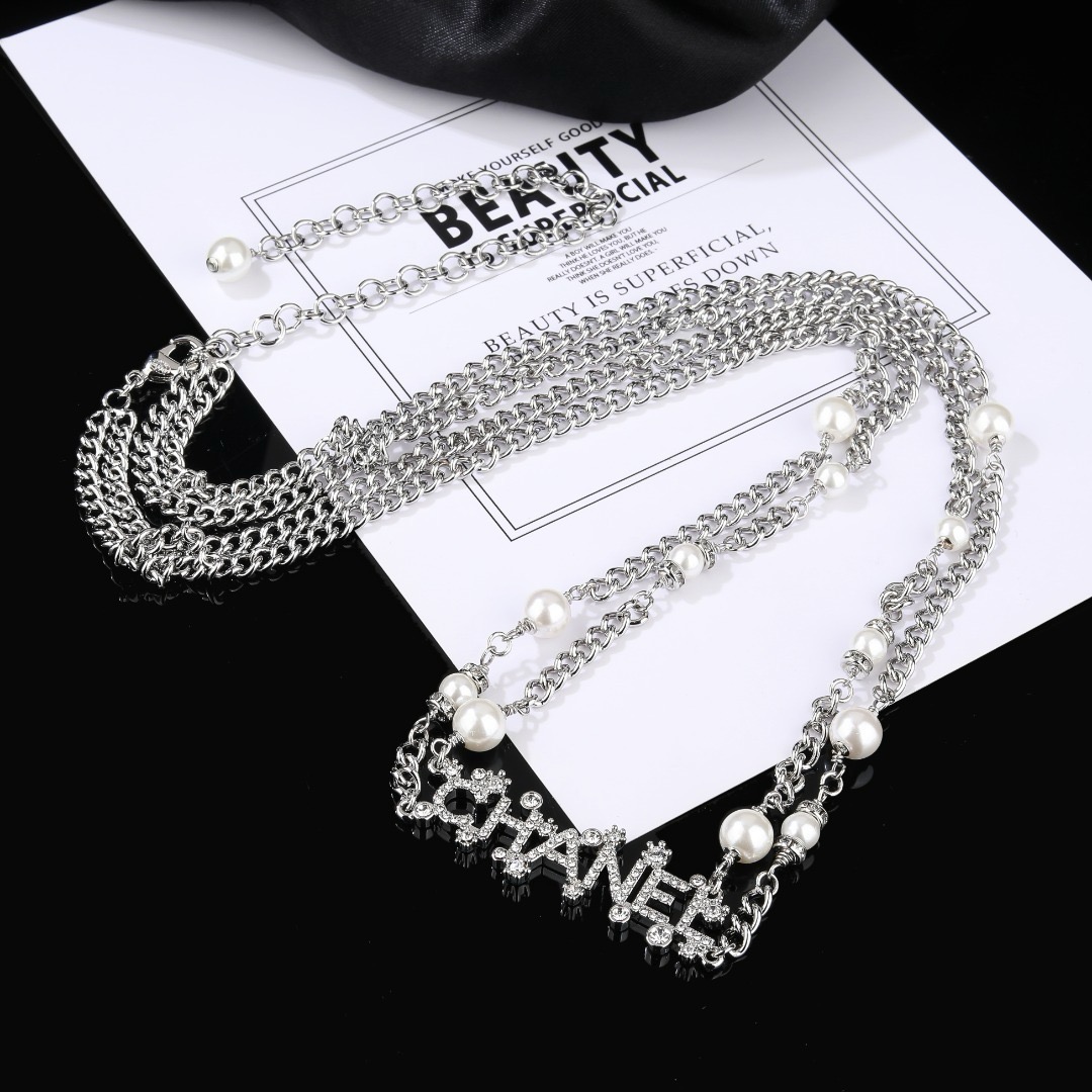 Chanel Crystal Letter Logo Pearl Chain necklace Silver-toned metal white faux pearls clear crystal rhinestones 80cm with 10cm extender
