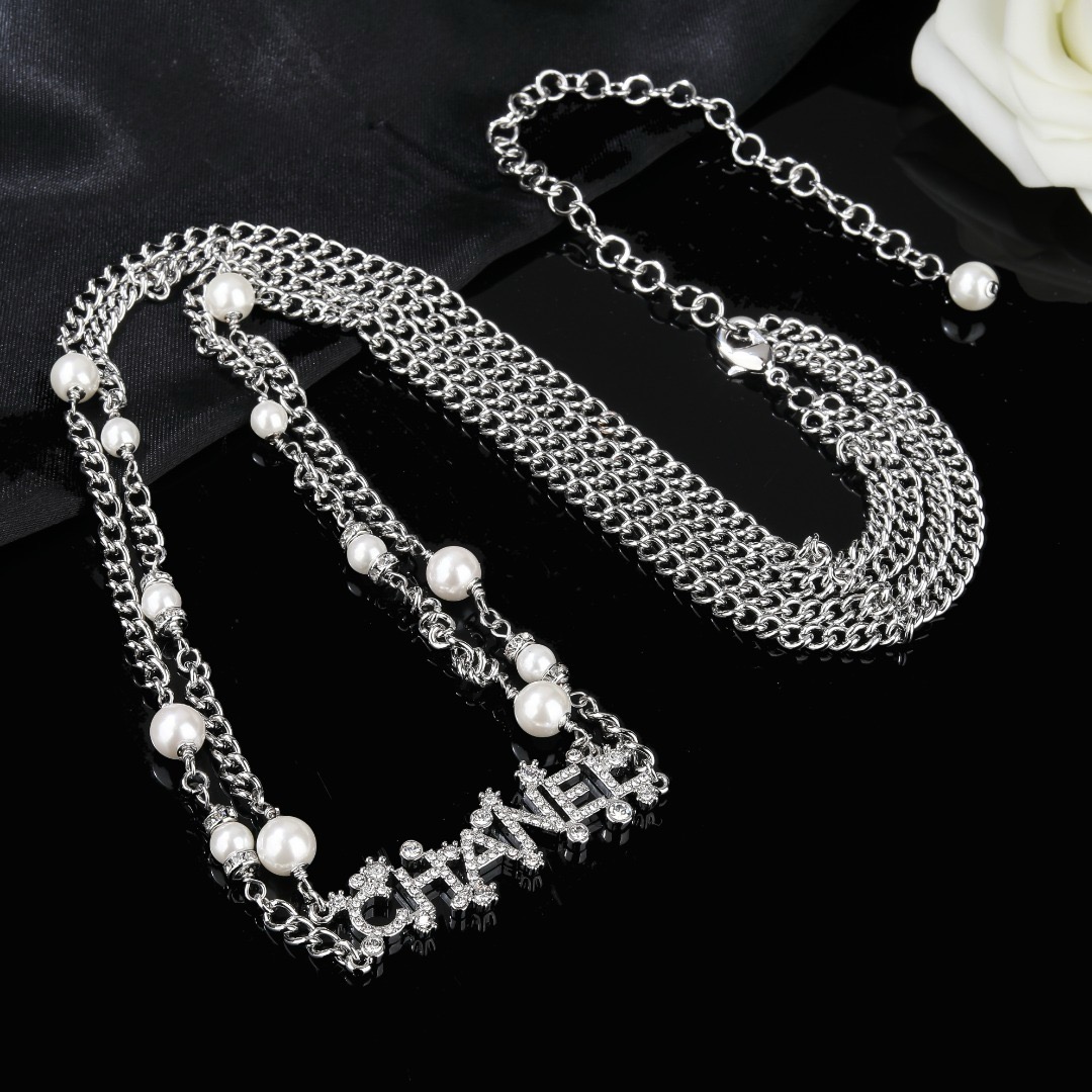 Chanel Crystal Letter Logo Pearl Chain necklace Silver-toned metal white faux pearls clear crystal rhinestones 80cm with 10cm extender