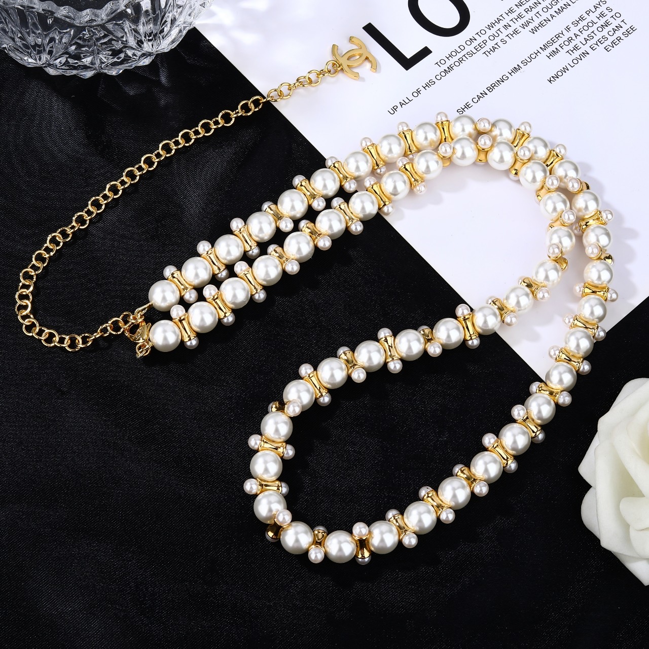 Chanel CC Logo Pearl Chain necklace gold tone metal white faux pearl 42cm with 7cm extender