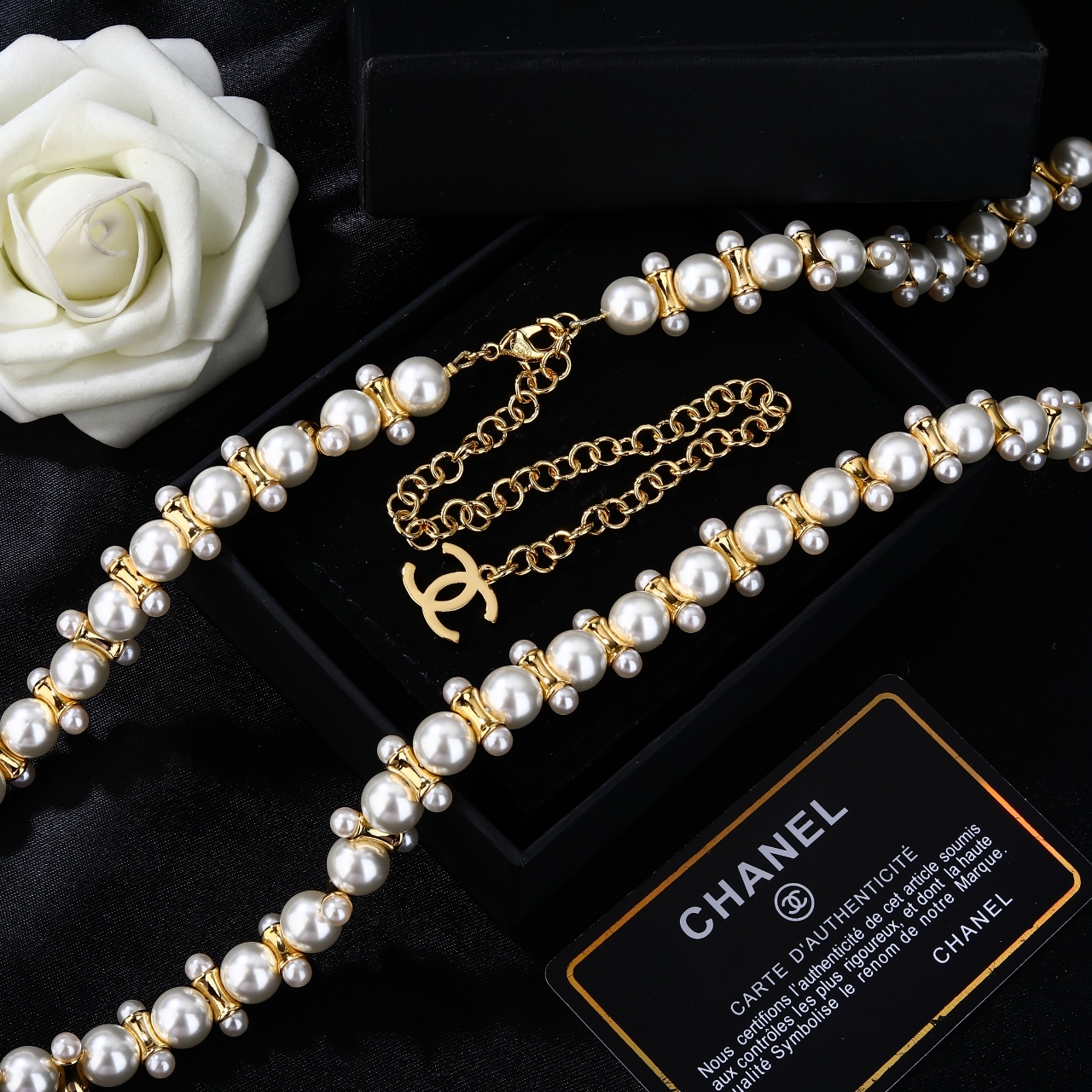 Chanel CC Logo Pearl Chain necklace gold tone metal white faux pearl 42cm with 7cm extender