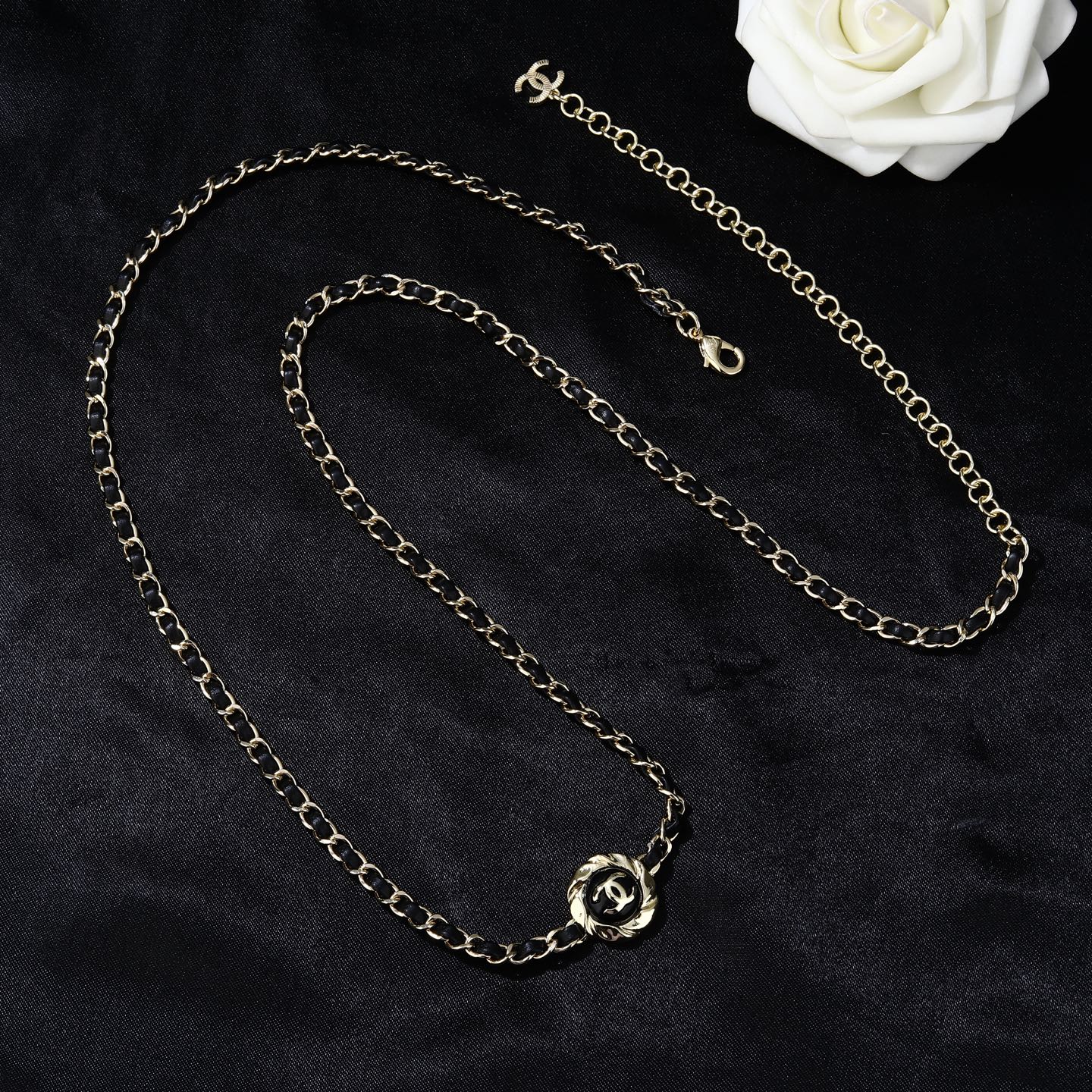 Chanel Goose series necklace gold metal with black leather and black enamel 80cm