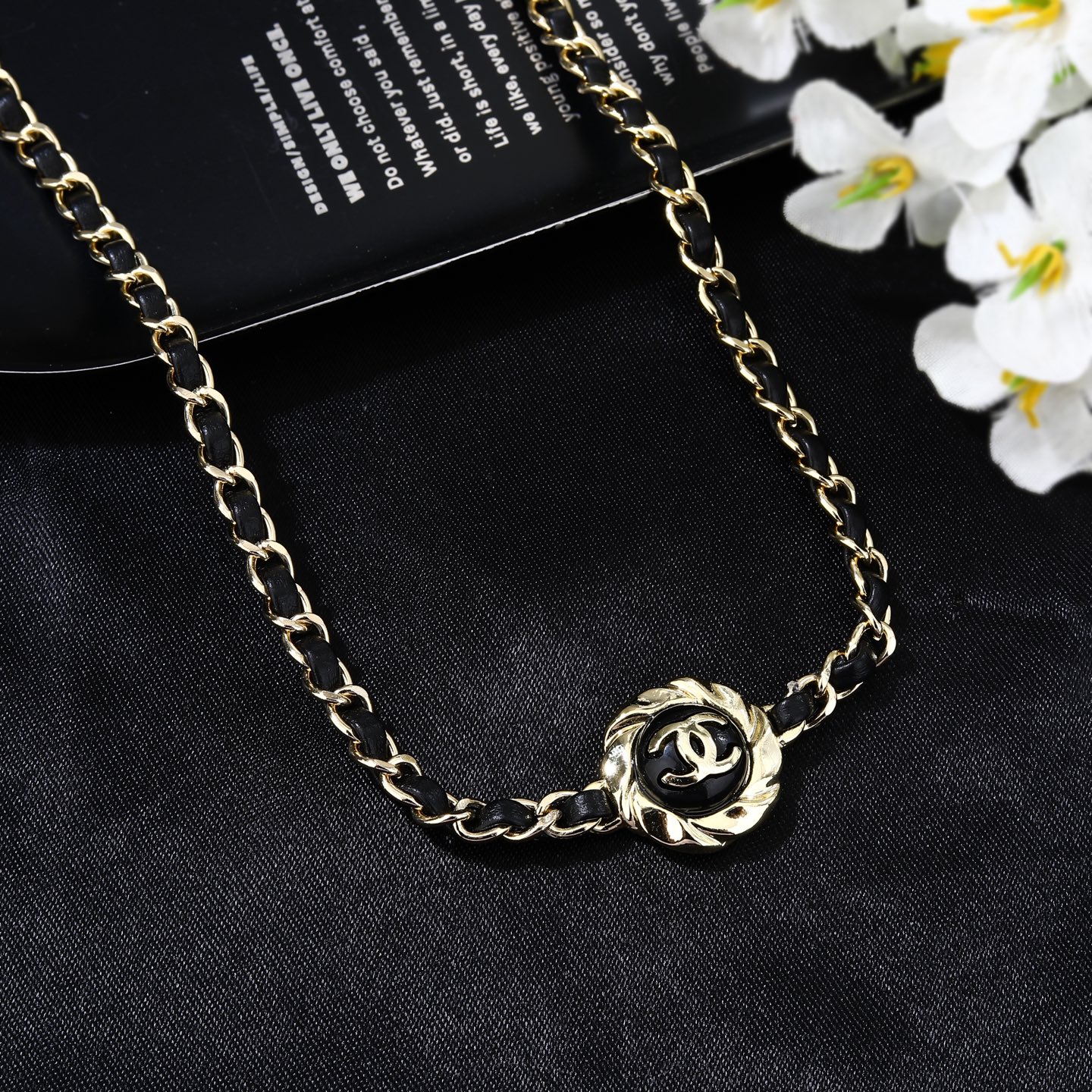 Chanel Goose series necklace gold metal with black leather and black enamel 80cm