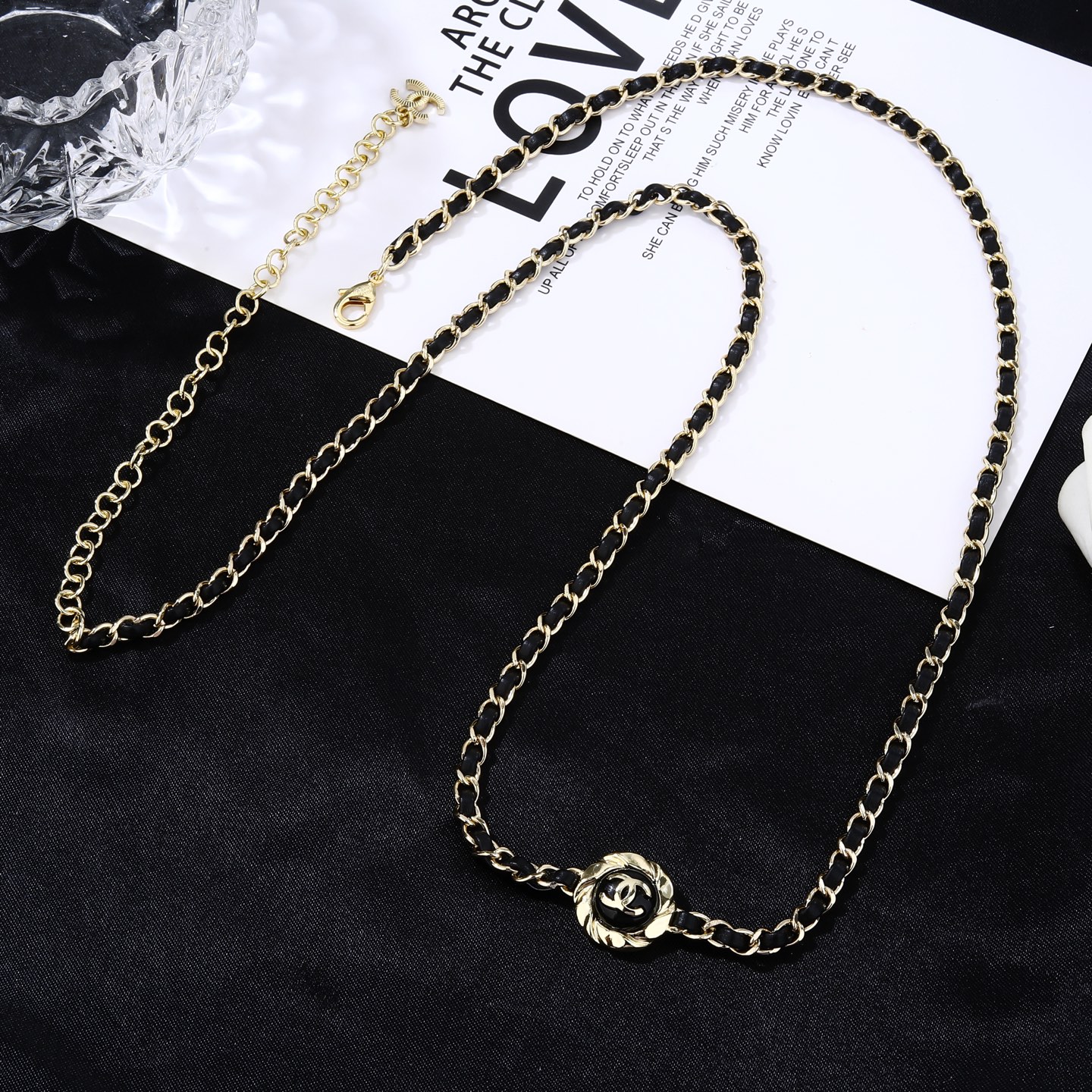 Chanel Goose series necklace gold metal with black leather and black enamel 80cm
