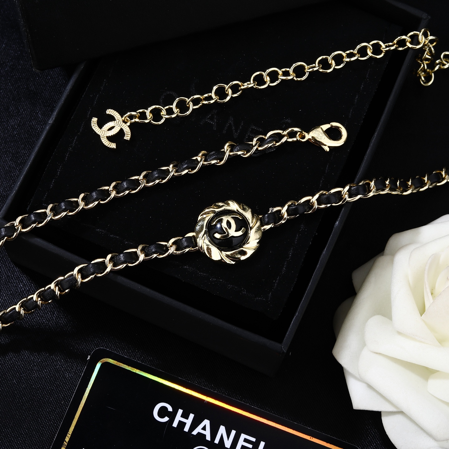 Chanel Goose series necklace gold metal with black leather and black enamel 80cm