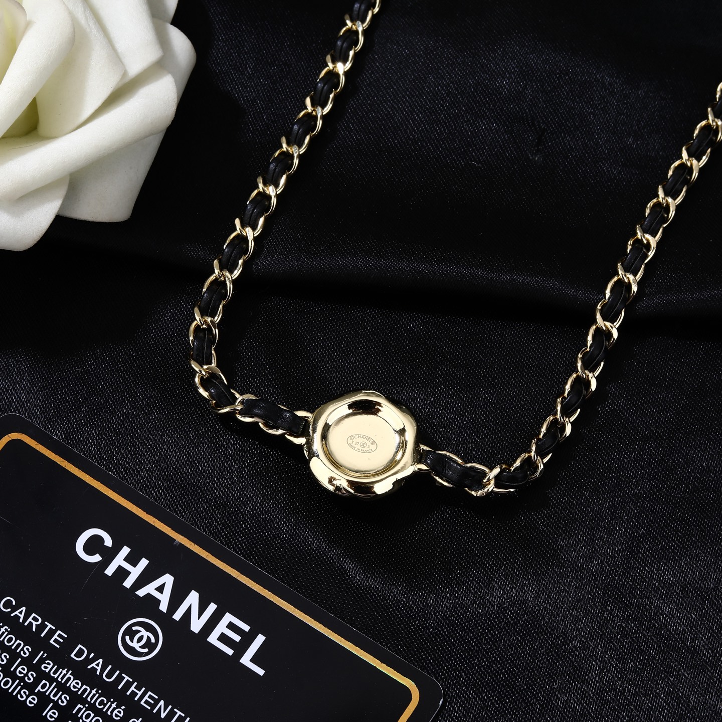 Chanel Goose series necklace gold metal with black leather and black enamel 80cm