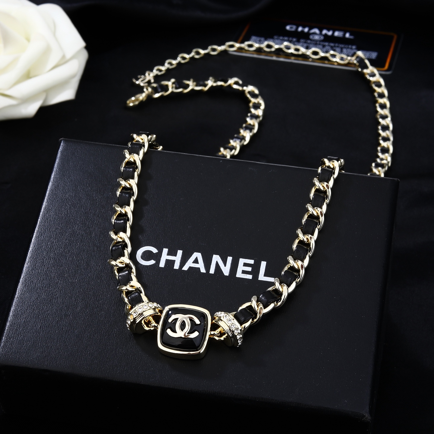 Chanel Goose series necklace gold-tone metal black leather black enamel clear crystal 80cm with 10cm extension chain