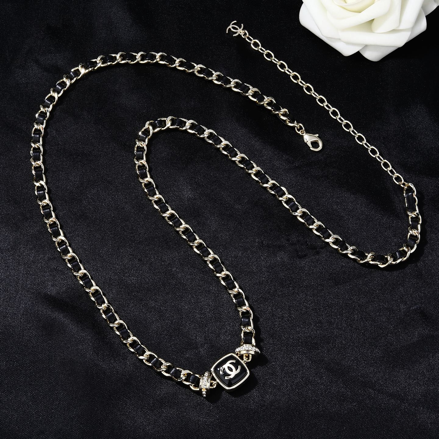 Chanel Goose series necklace gold-tone metal black leather black enamel clear crystal 80cm with 10cm extension chain