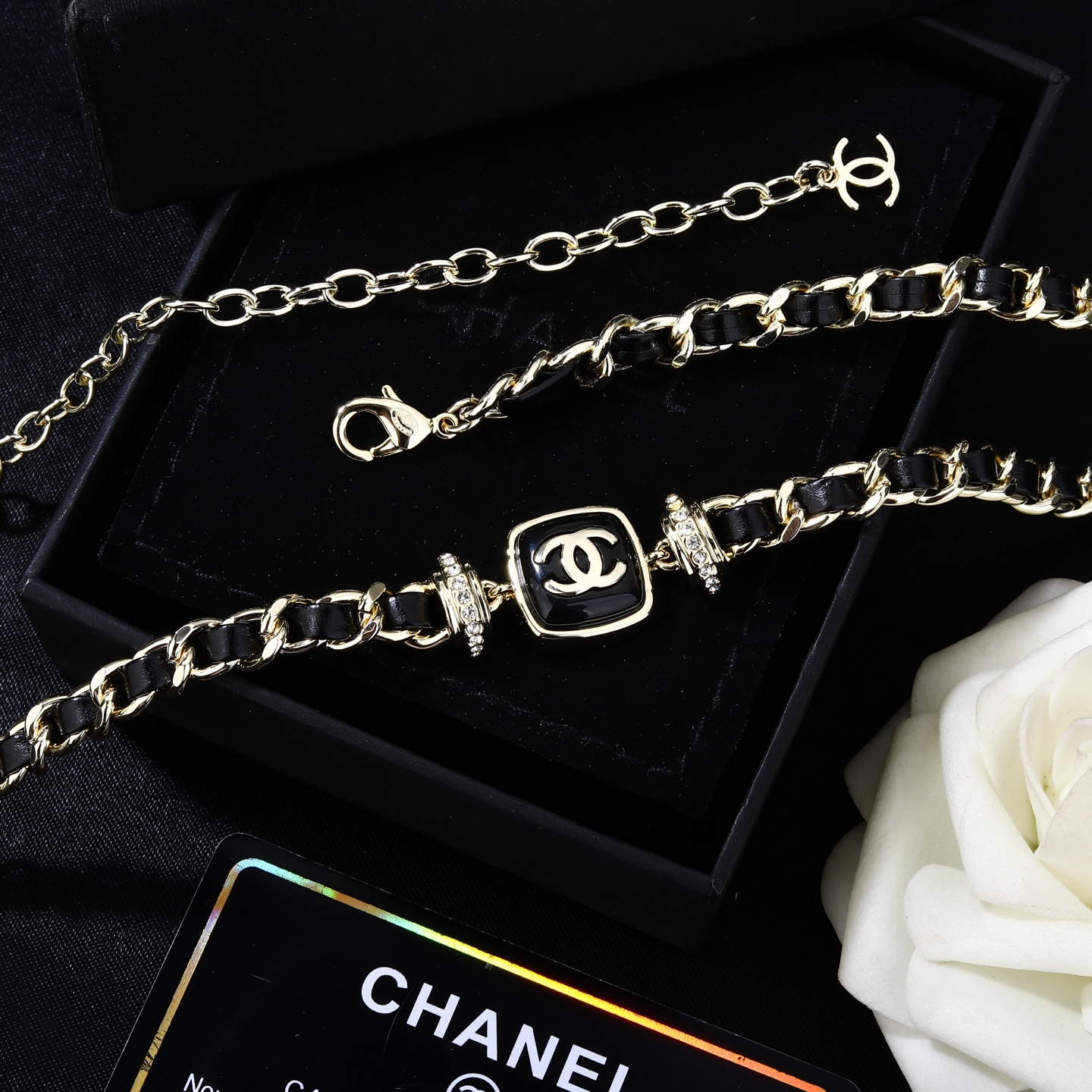 Chanel Goose series necklace gold-tone metal black leather black enamel clear crystal 80cm with 10cm extension chain