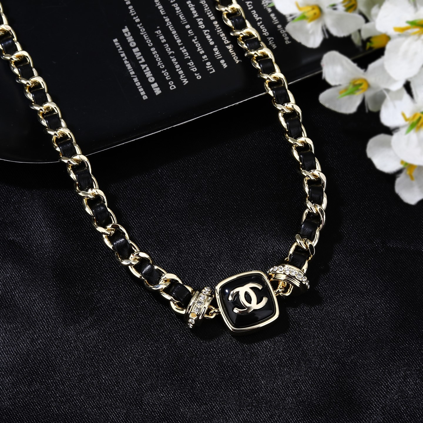 Chanel Goose series necklace gold-tone metal black leather black enamel clear crystal 80cm with 10cm extension chain
