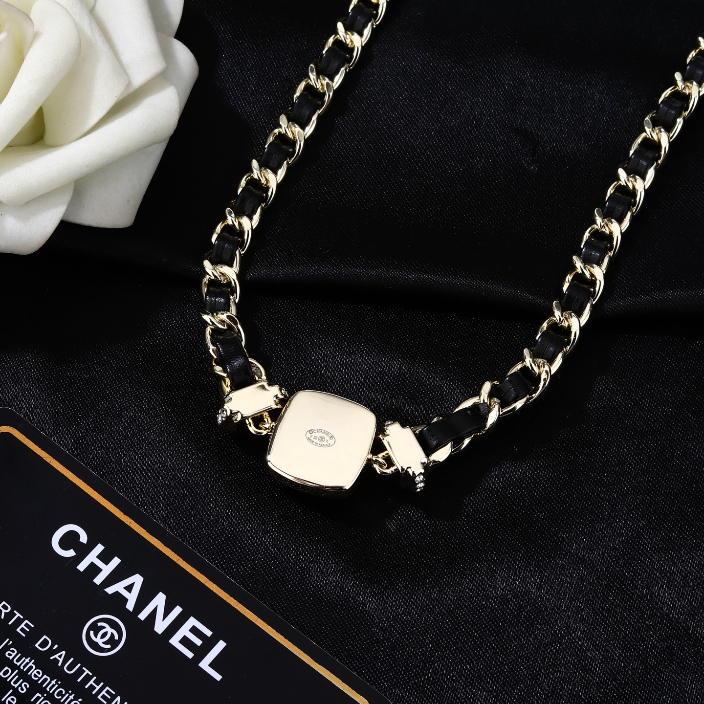 Chanel Goose series necklace gold-tone metal black leather black enamel clear crystal 80cm with 10cm extension chain