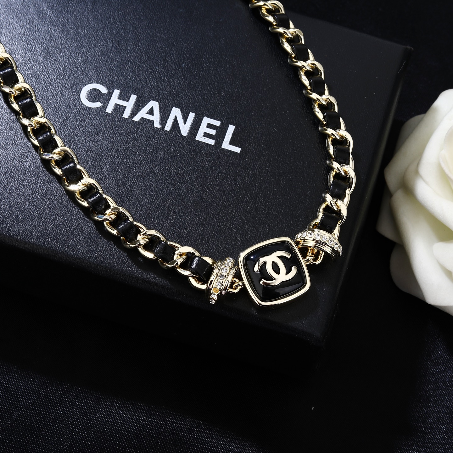 Chanel Goose series necklace gold-tone metal black leather black enamel clear crystal 80cm with 10cm extension chain