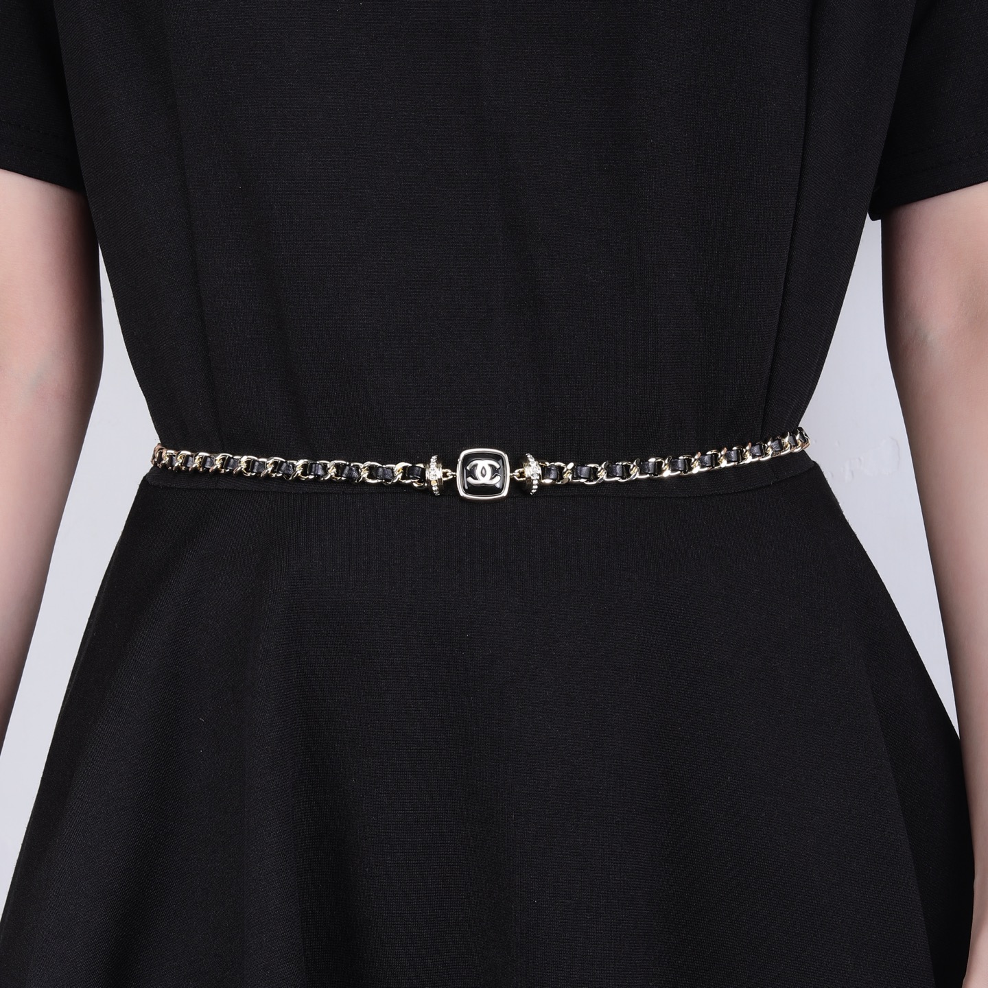 Chanel Goose series necklace gold-tone metal black leather black enamel clear crystal 80cm with 10cm extension chain