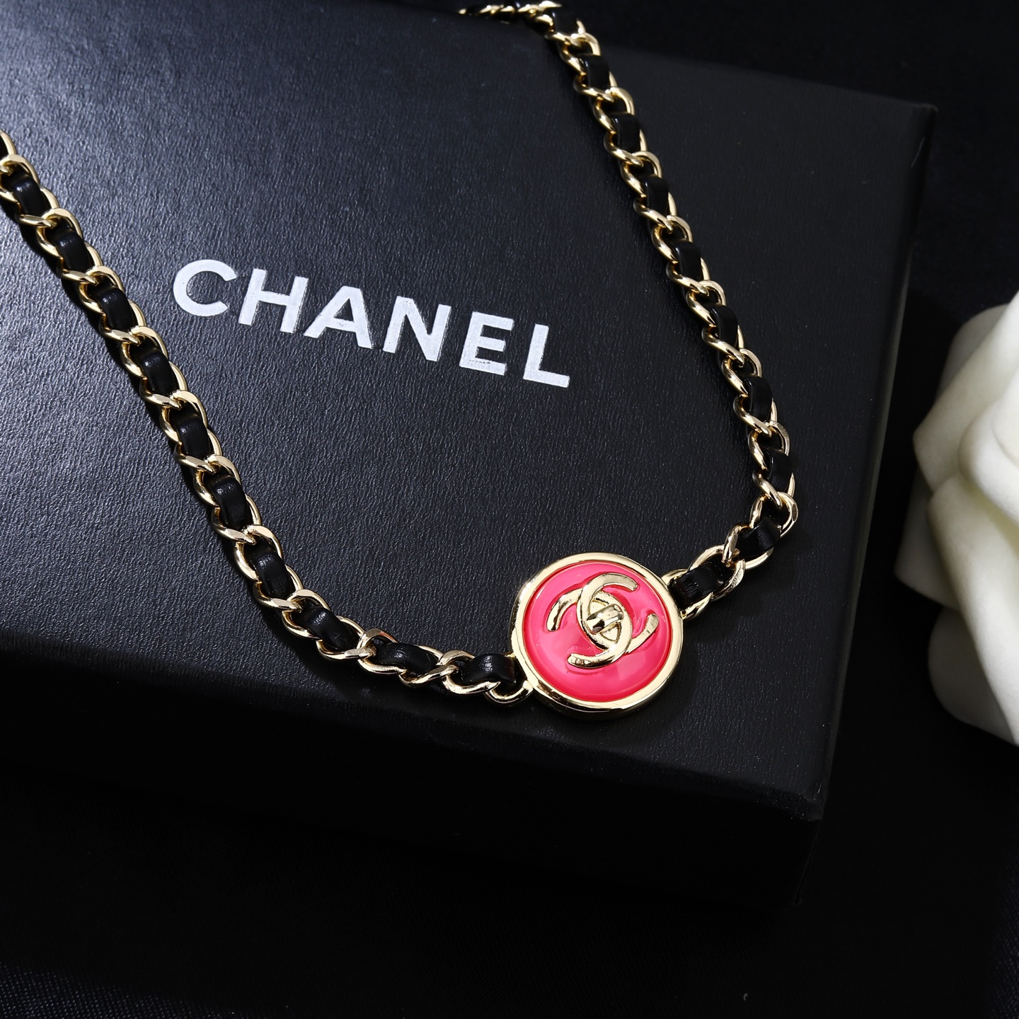 Chanel Goose series necklace gold metal black leather pink enamel 80cm