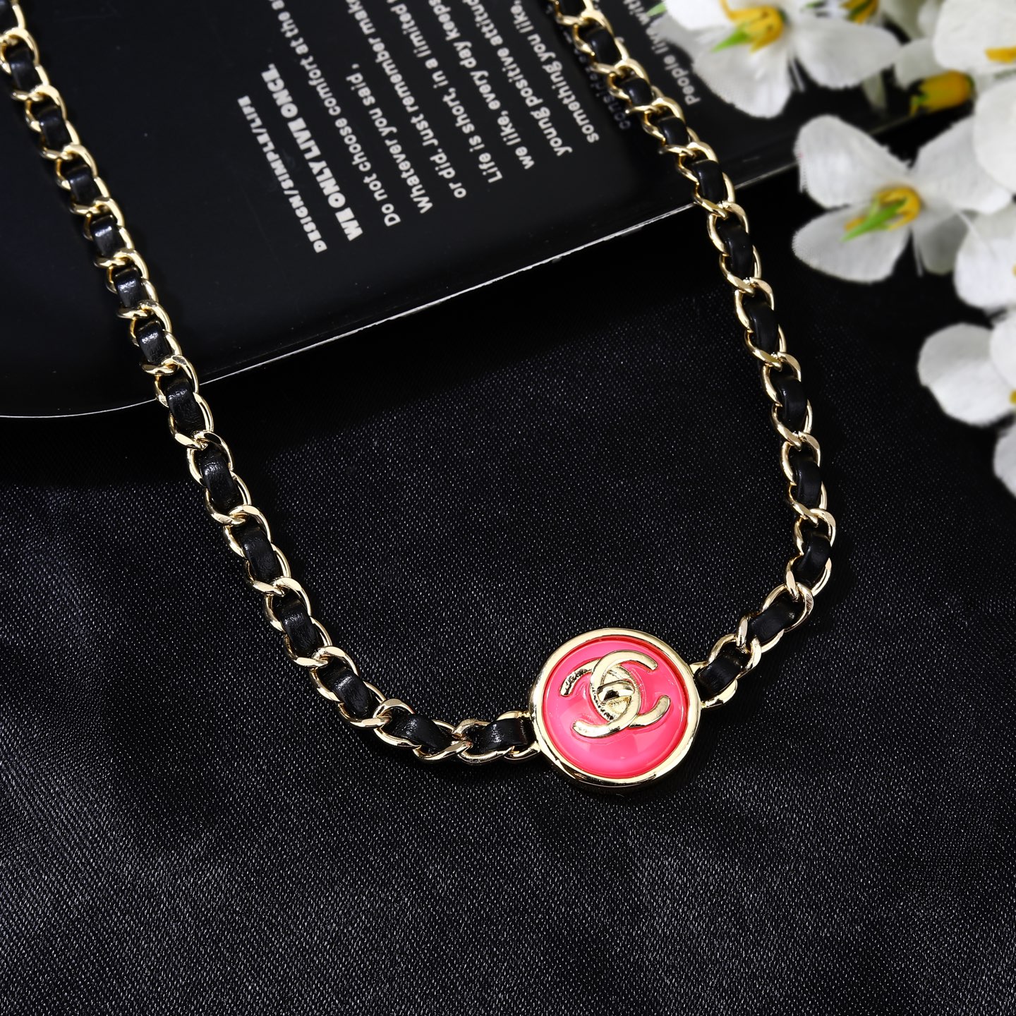 Chanel Goose series necklace gold metal black leather pink enamel 80cm