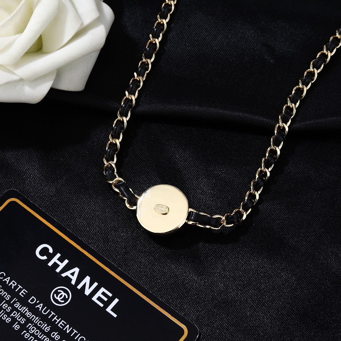 Chanel Goose series necklace gold metal black leather pink enamel 80cm