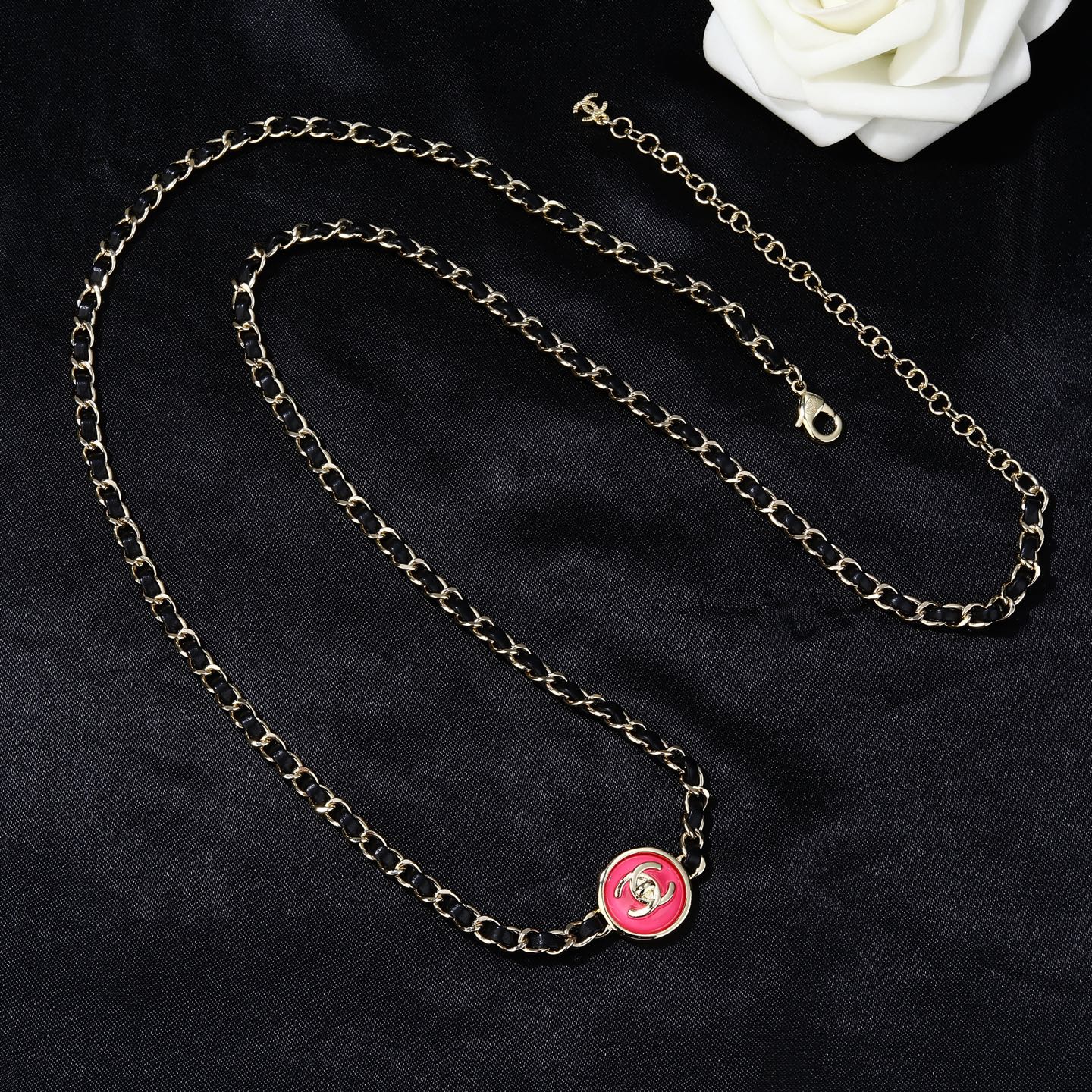 Chanel Goose series necklace gold metal black leather pink enamel 80cm
