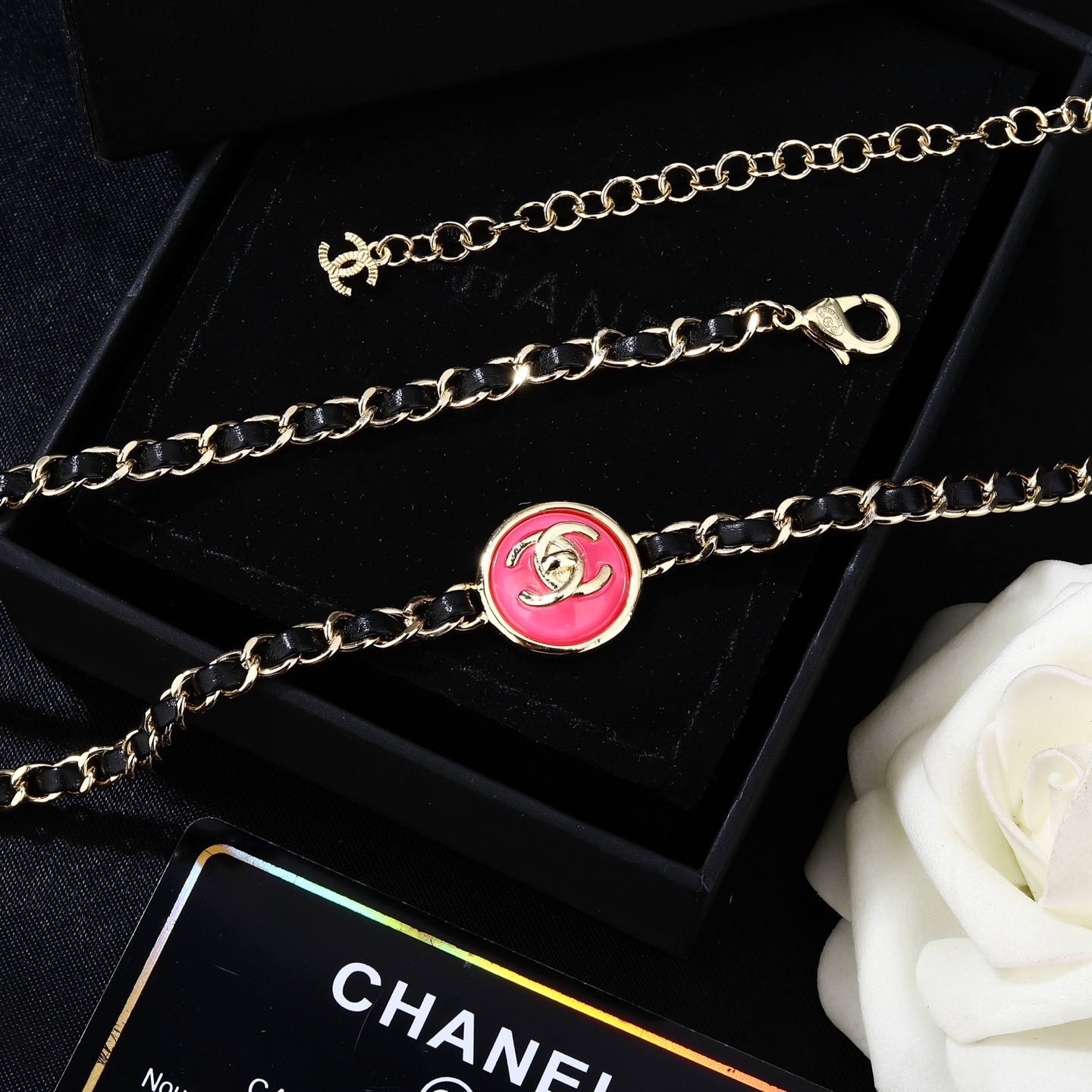 Chanel Goose series necklace gold metal black leather pink enamel 80cm