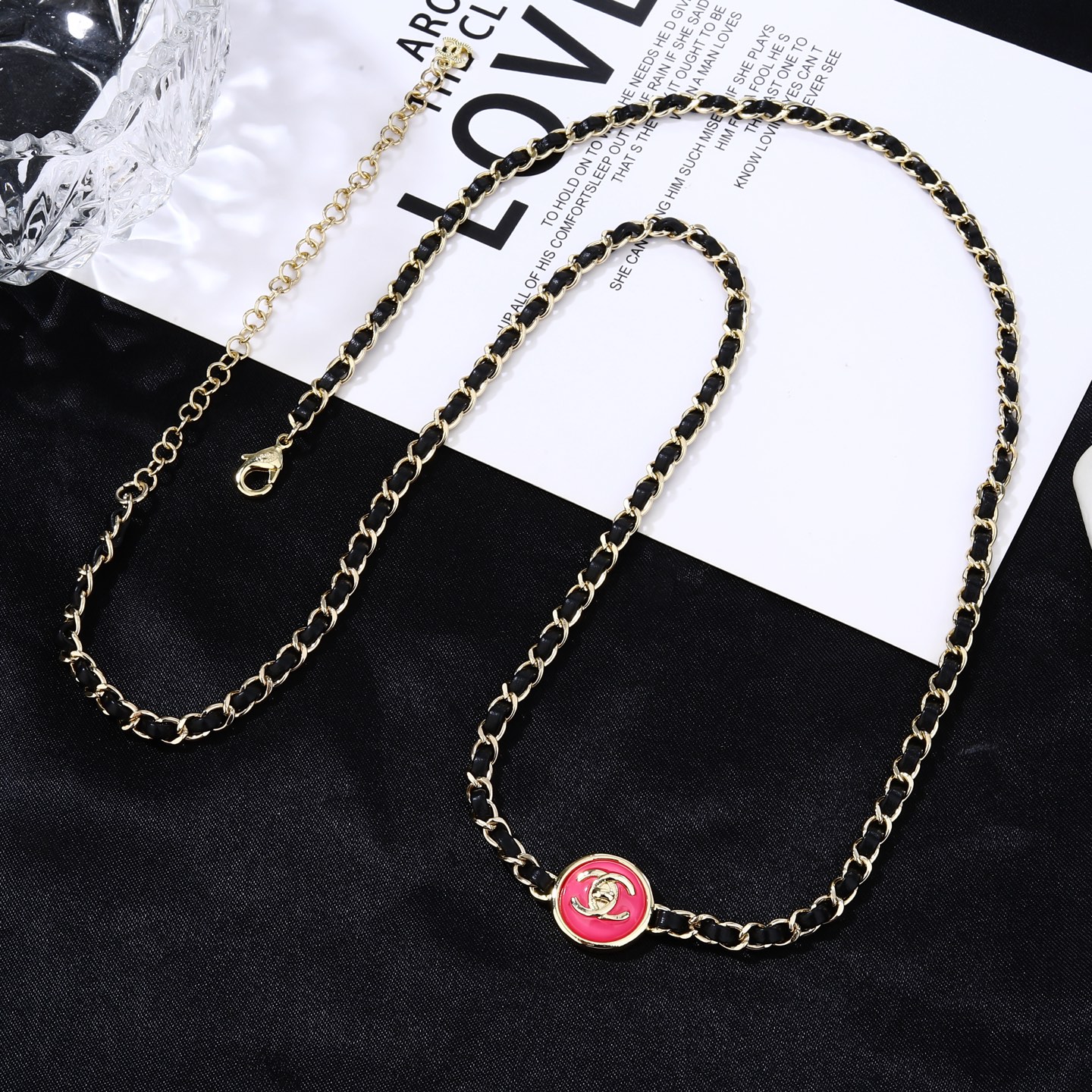 Chanel Goose series necklace gold metal black leather pink enamel 80cm
