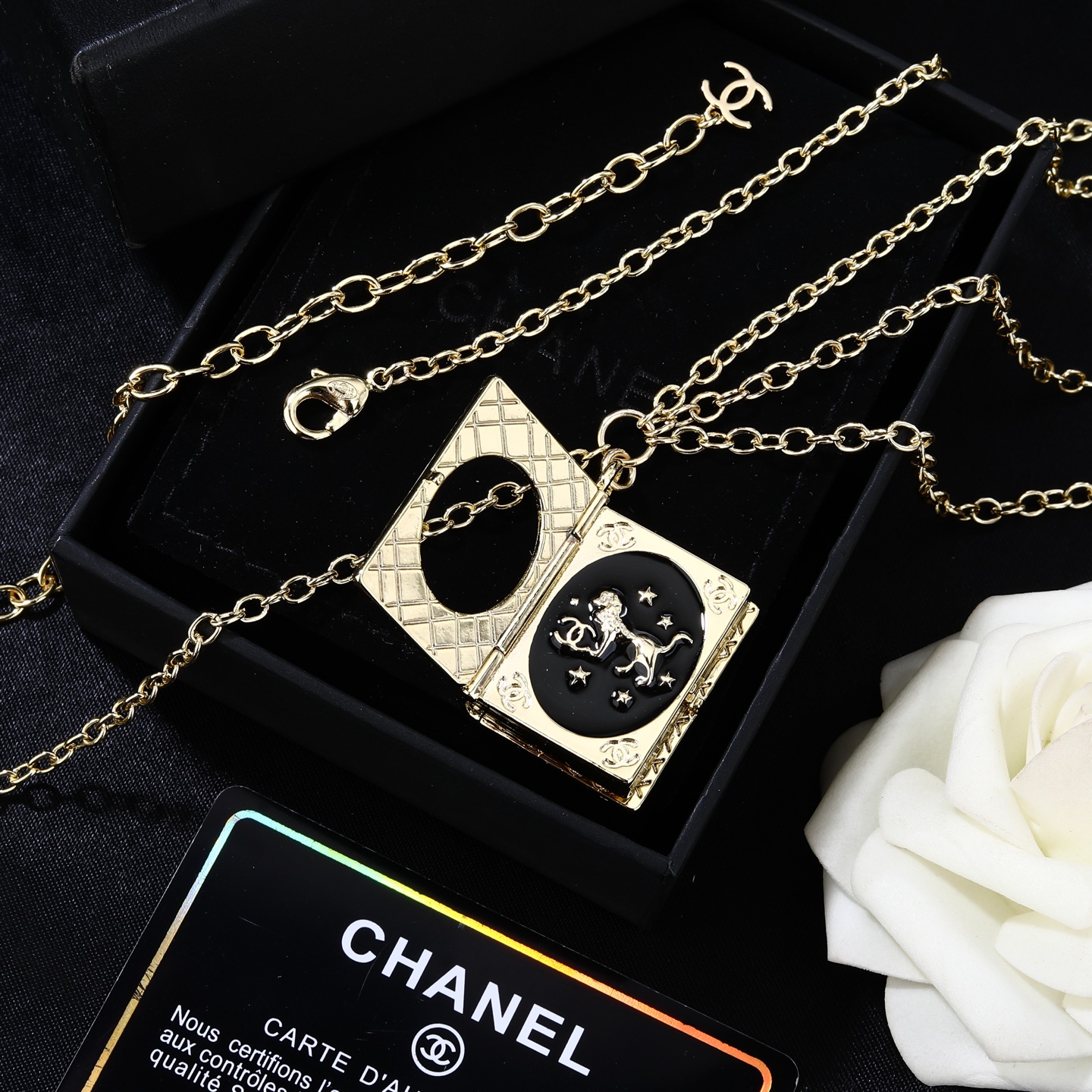 Chanel Goose series Lion Book Locket Waist Chain necklace Gold-tone metal with black enamel and silver-tone lion CC logo detailing 80cm