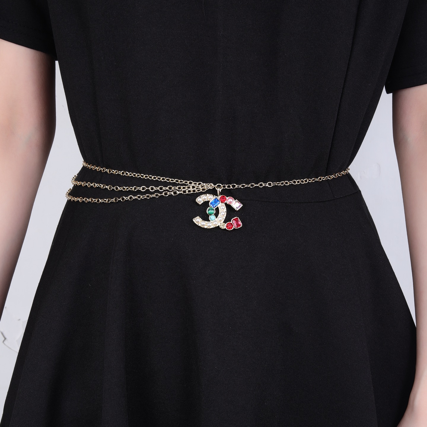 Chanel Goose series multicolor gemstone CC logo waist chain necklace gold-tone metal with white faux pearls multicolor gemstones red blue green pink clear 80cm