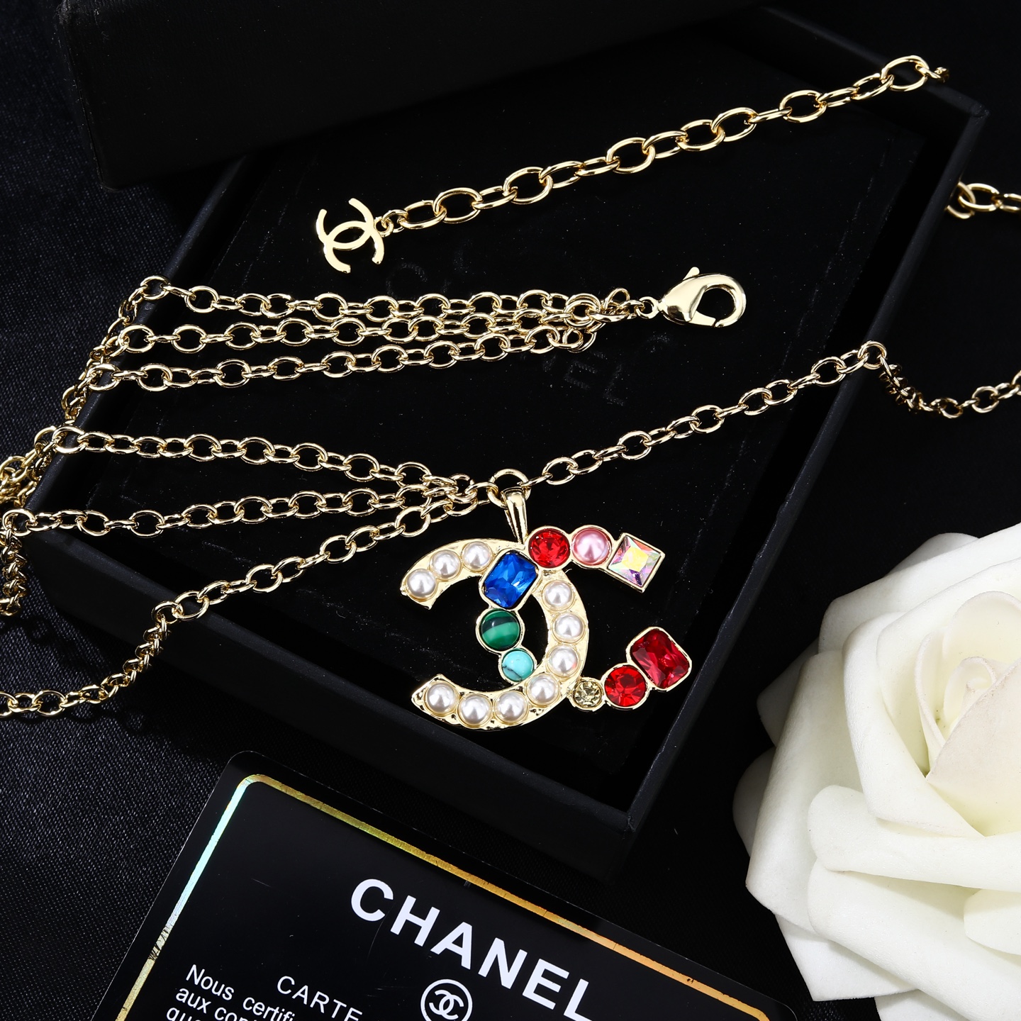 Chanel Goose series multicolor gemstone CC logo waist chain necklace gold-tone metal with white faux pearls multicolor gemstones red blue green pink clear 80cm