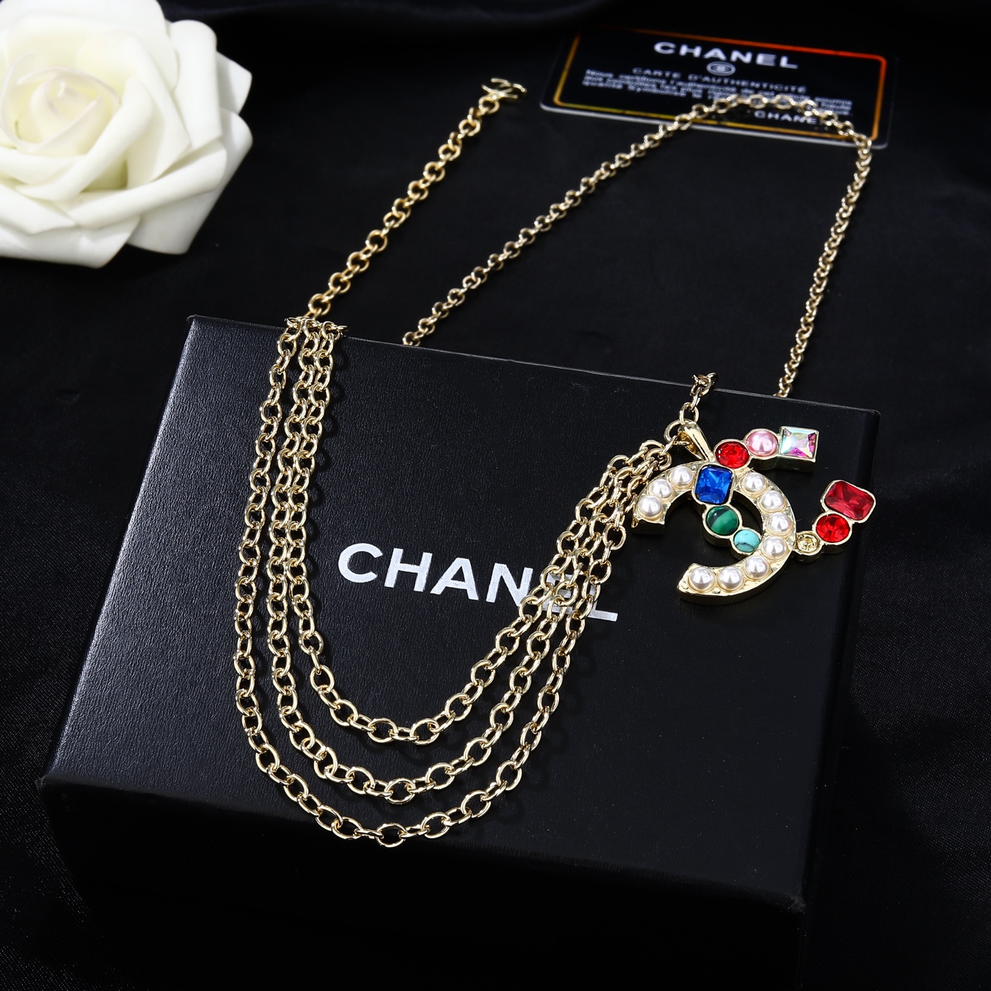 Chanel Goose series multicolor gemstone CC logo waist chain necklace gold-tone metal with white faux pearls multicolor gemstones red blue green pink clear 80cm