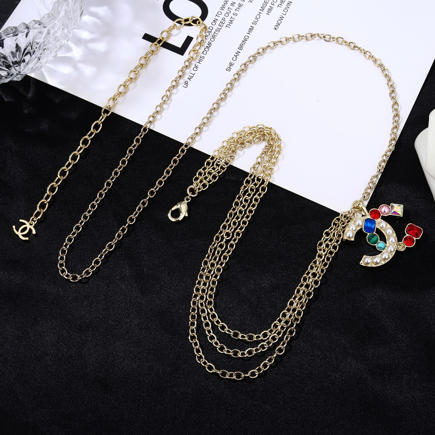 Chanel Goose series multicolor gemstone CC logo waist chain necklace gold-tone metal with white faux pearls multicolor gemstones red blue green pink clear 80cm
