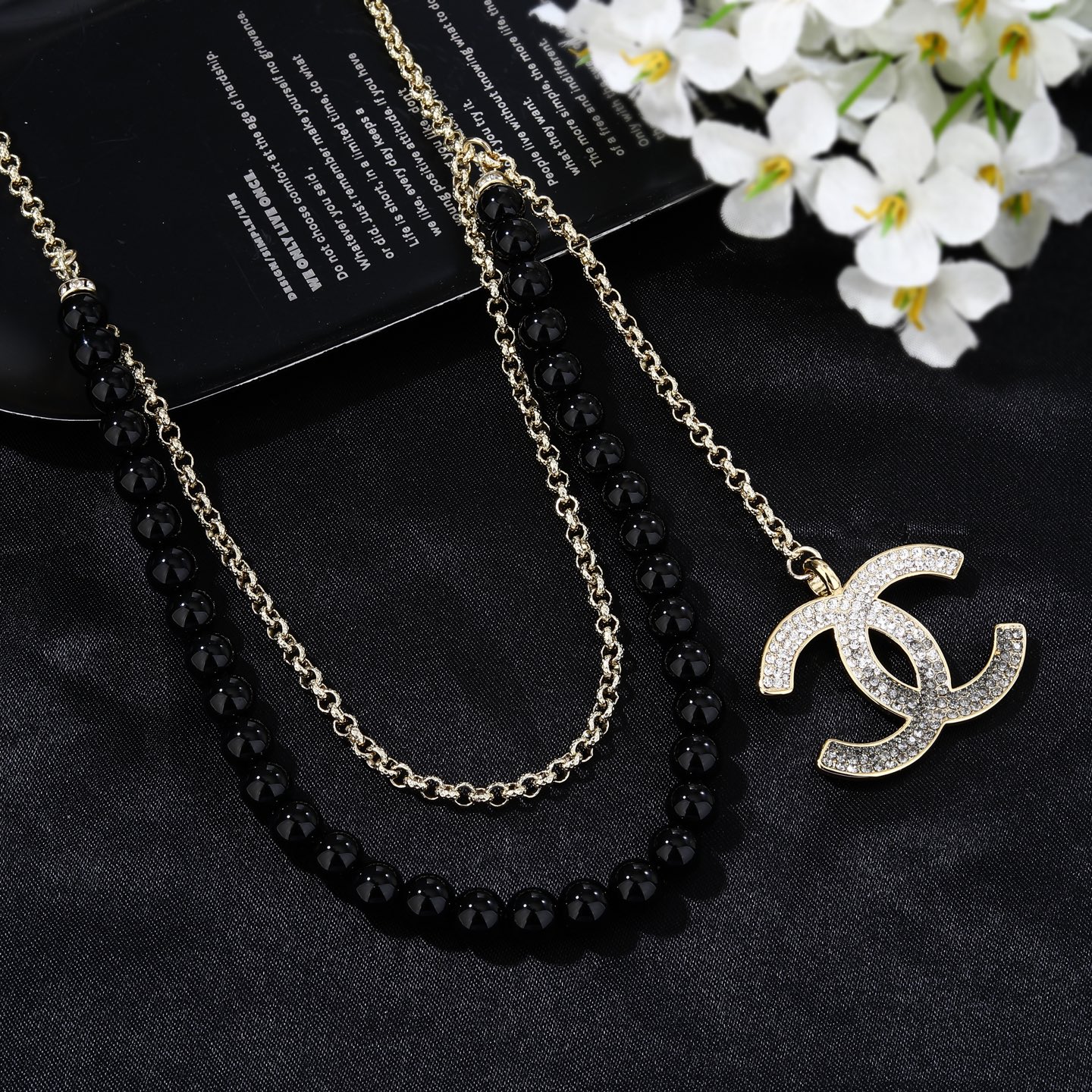 Chanel CC Double Strand Black Bead Necklace necklace Gold-tone metal black beads clear and black gradient crystals 80cm