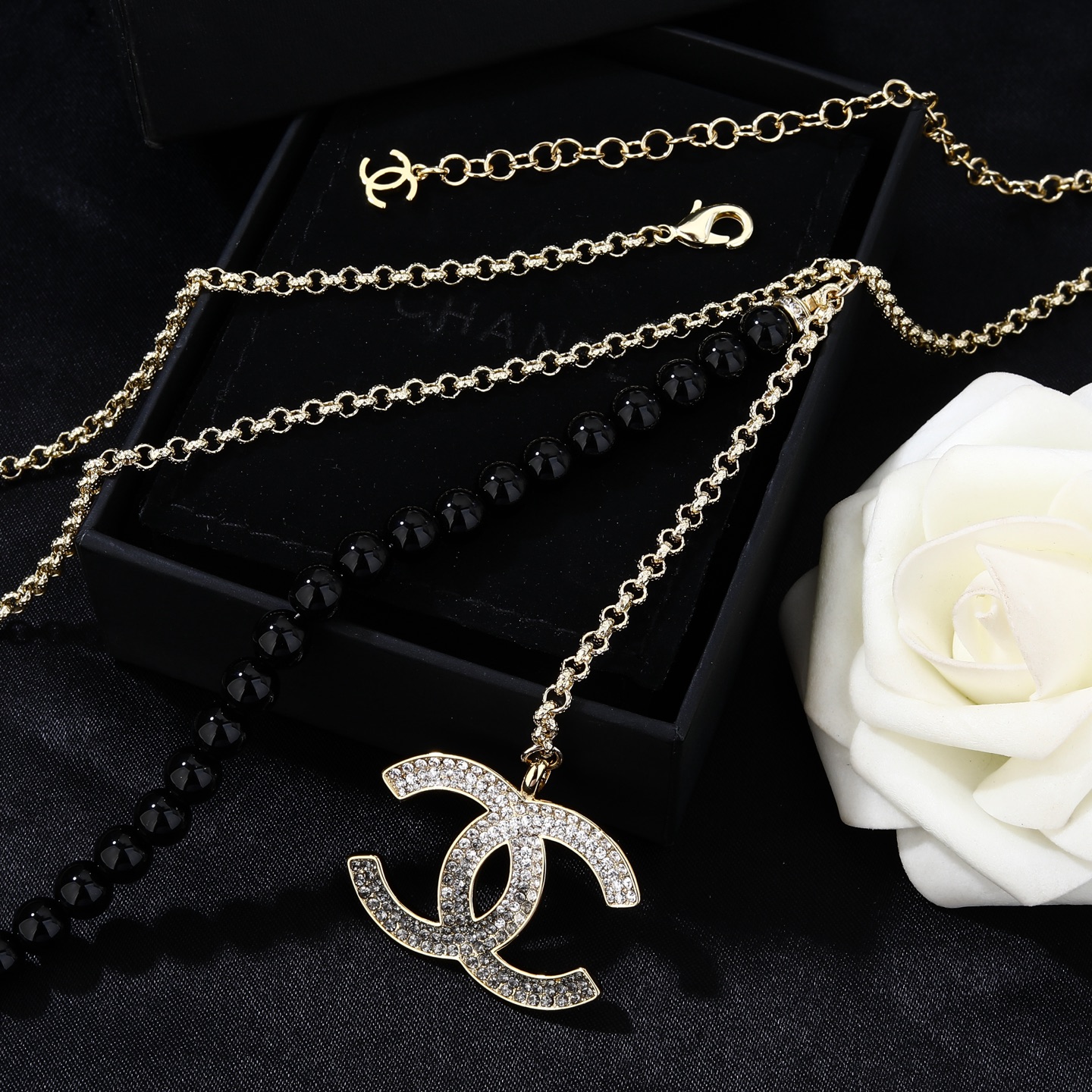 Chanel CC Double Strand Black Bead Necklace necklace Gold-tone metal black beads clear and black gradient crystals 80cm