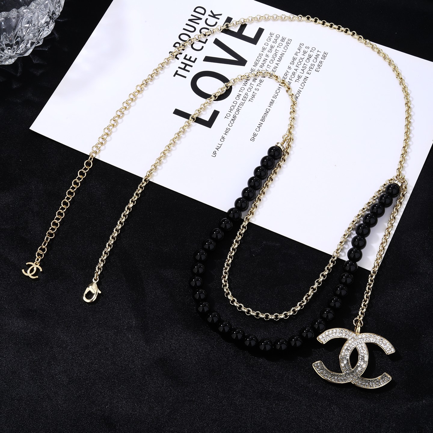 Chanel CC Double Strand Black Bead Necklace necklace Gold-tone metal black beads clear and black gradient crystals 80cm