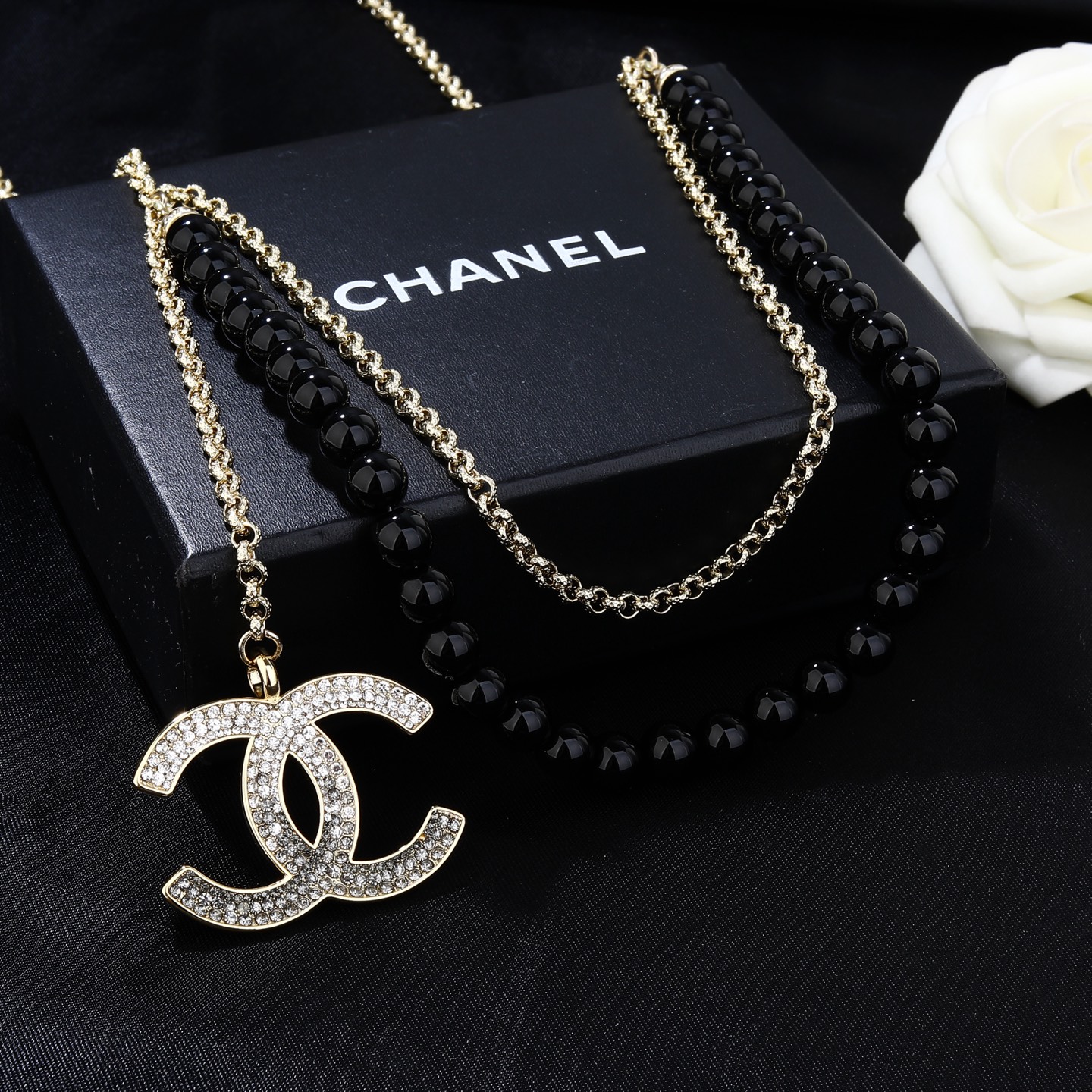 Chanel CC Double Strand Black Bead Necklace necklace Gold-tone metal black beads clear and black gradient crystals 80cm