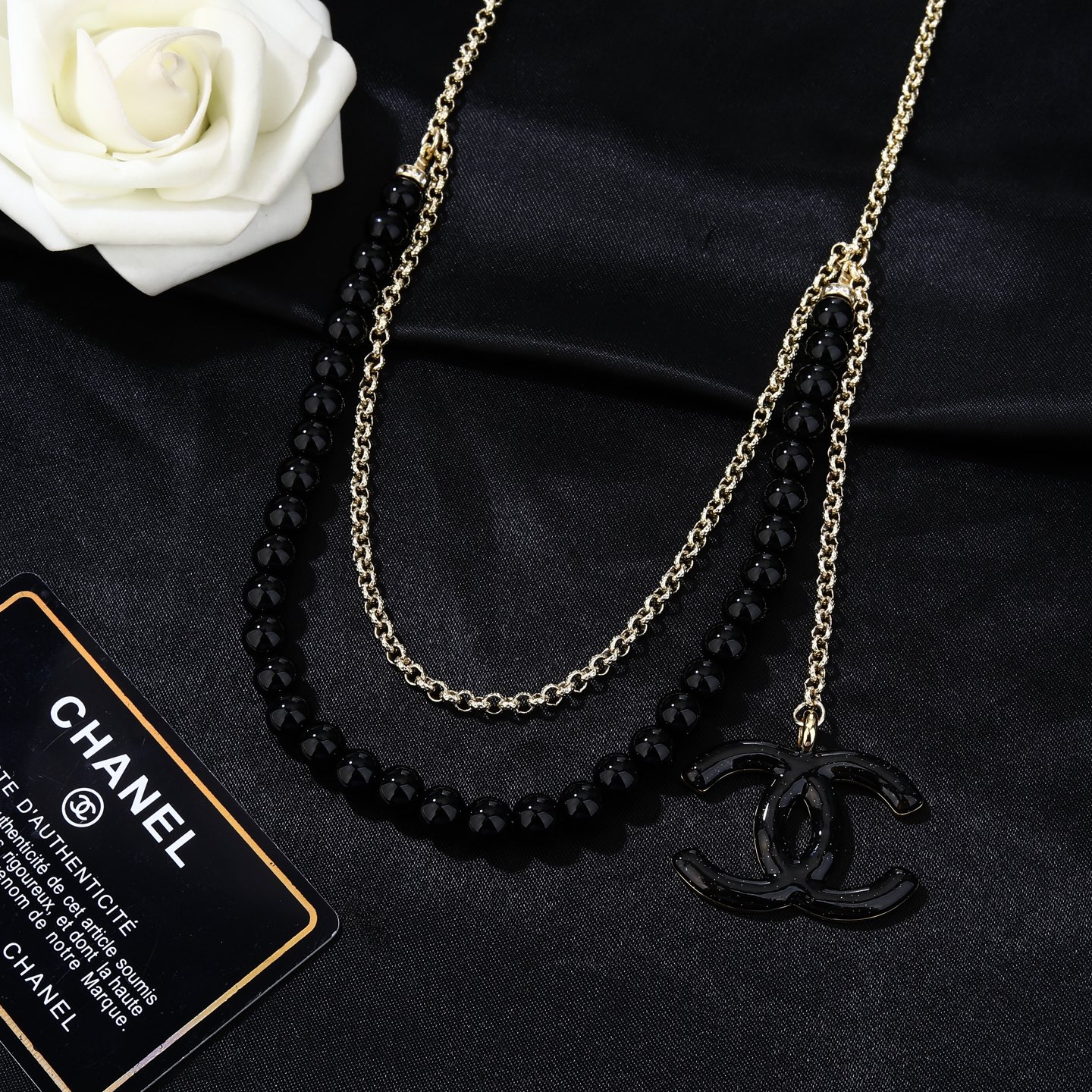 Chanel CC Double Strand Black Bead Necklace necklace Gold-tone metal black beads clear and black gradient crystals 80cm