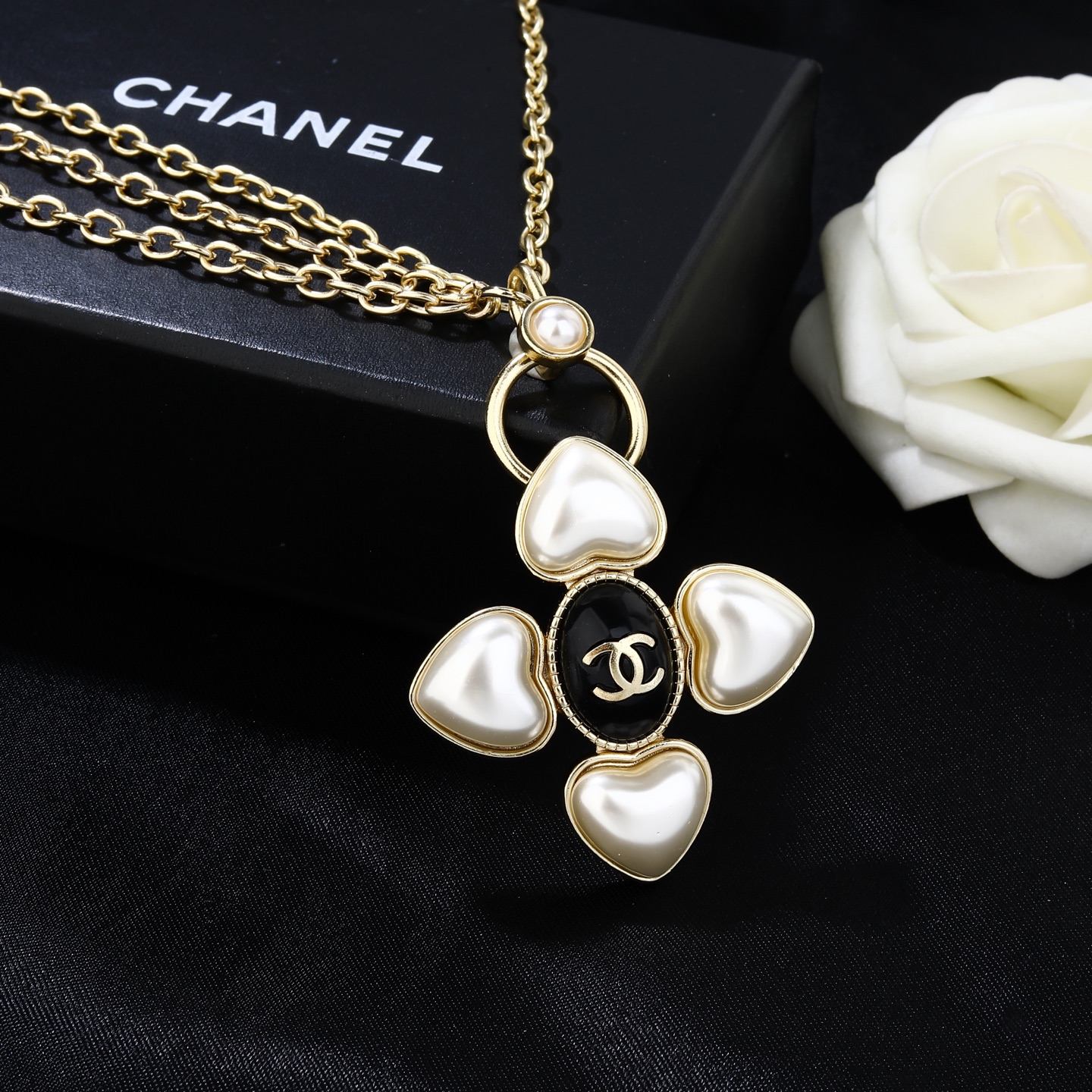 Chanel Goose series heart cross CC pendant necklace gold-tone metal white faux pearl black enamel 80cm