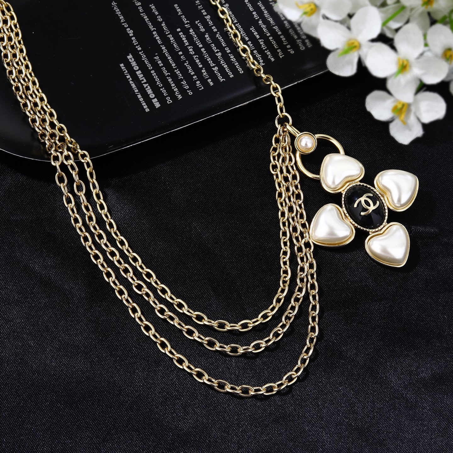 Chanel Goose series heart cross CC pendant necklace gold-tone metal white faux pearl black enamel 80cm