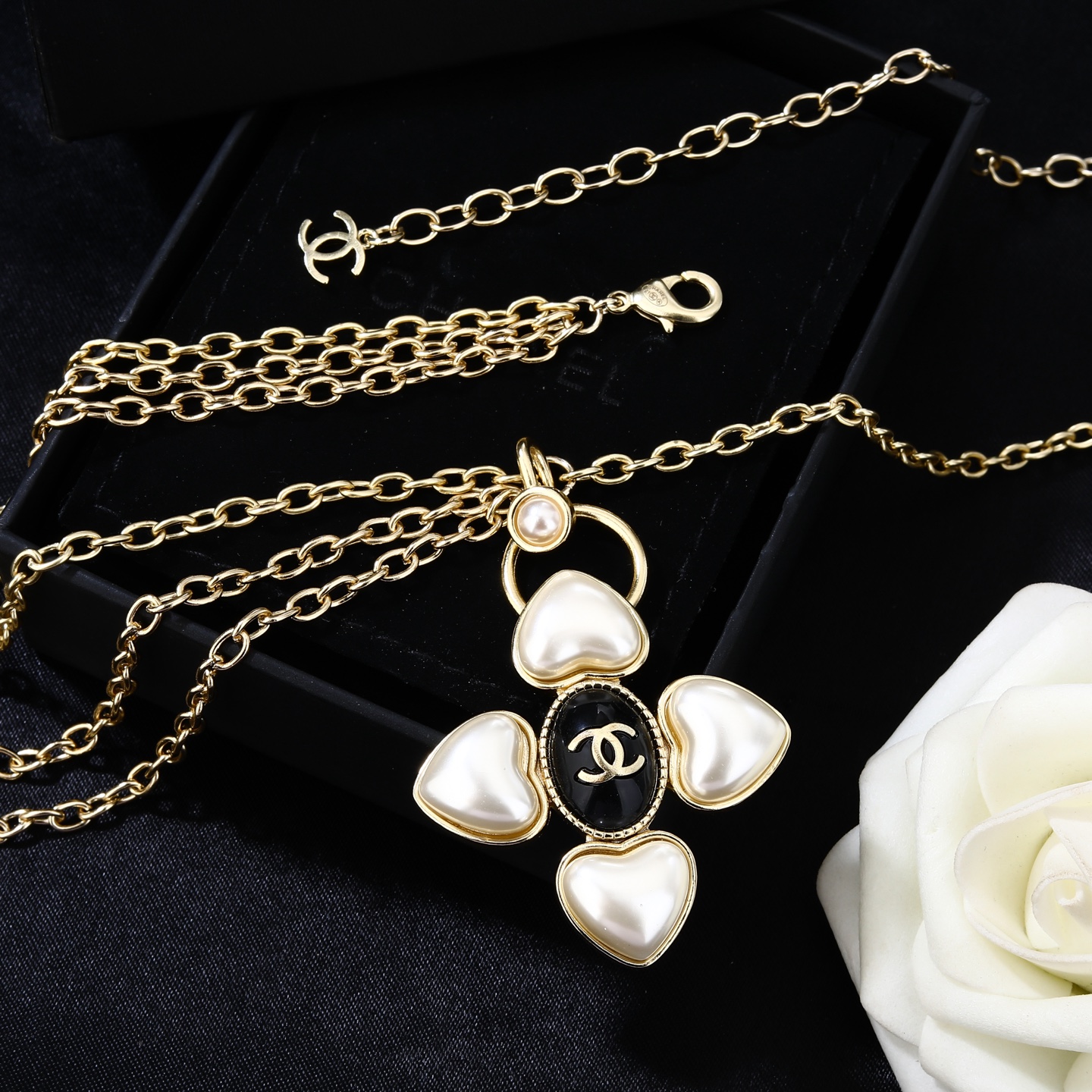 Chanel Goose series heart cross CC pendant necklace gold-tone metal white faux pearl black enamel 80cm