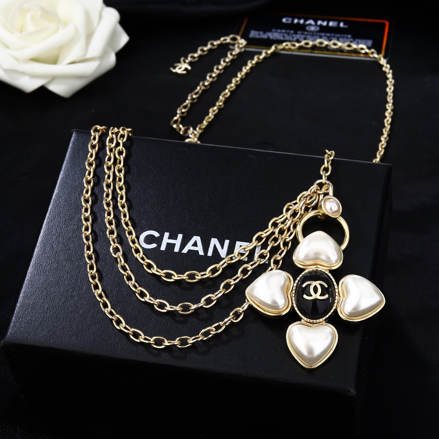Chanel Goose series heart cross CC pendant necklace gold-tone metal white faux pearl black enamel 80cm