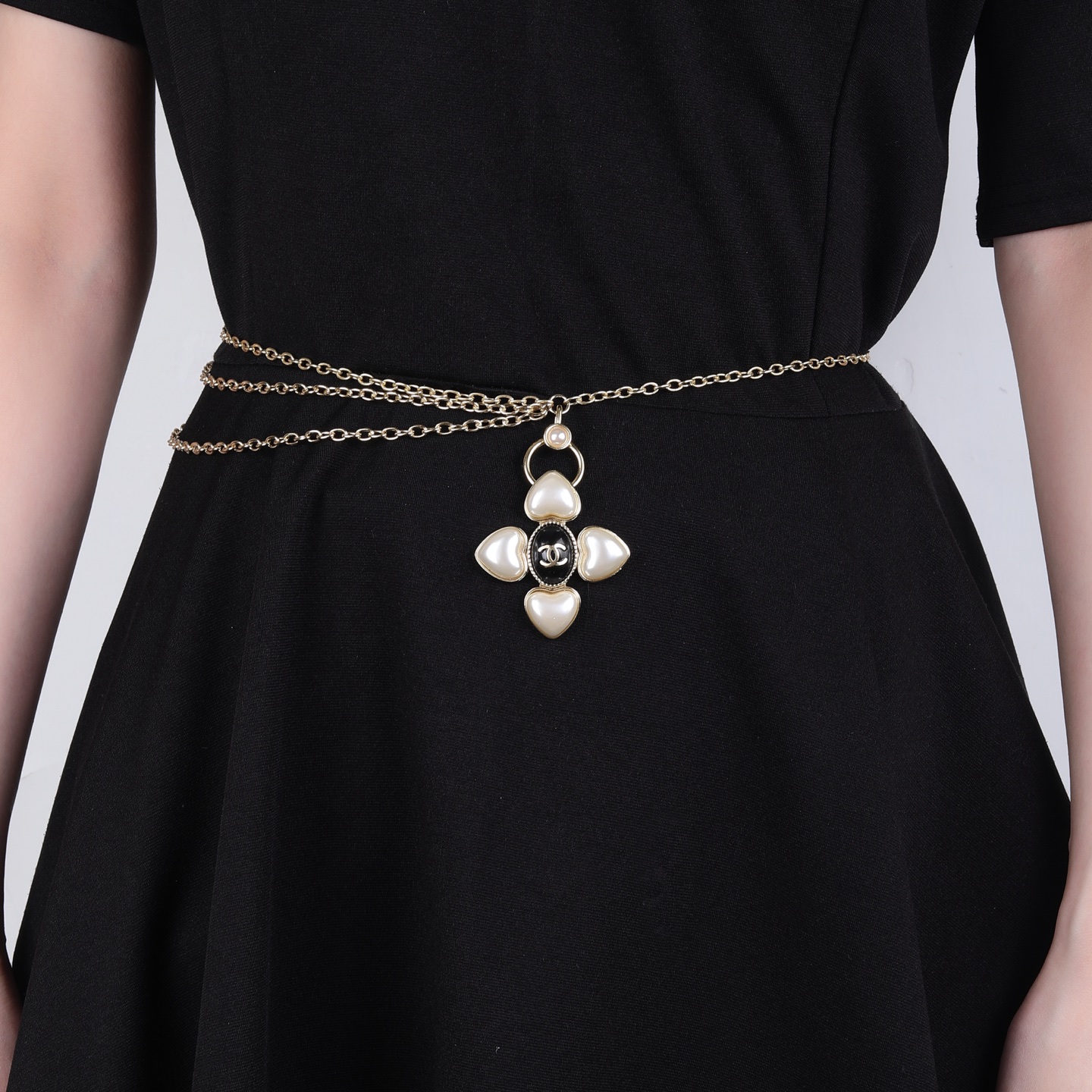 Chanel Goose series heart cross CC pendant necklace gold-tone metal white faux pearl black enamel 80cm